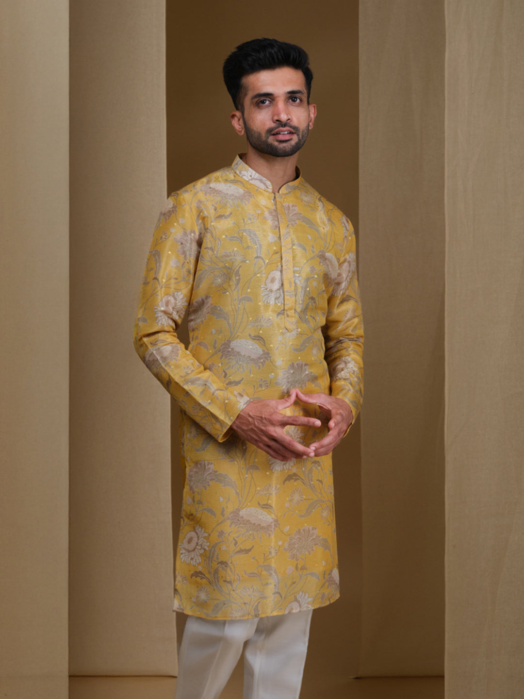 Aespen Mustard Tissue Silk Kurta For Men With Floral Motif--aespenfashion.com-Aespen Fashion
