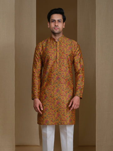Aespen Mustard Cotton Silk Kurta For Men With Printed Ethnic Motif--aespenfashion.com-Aespen Fashion