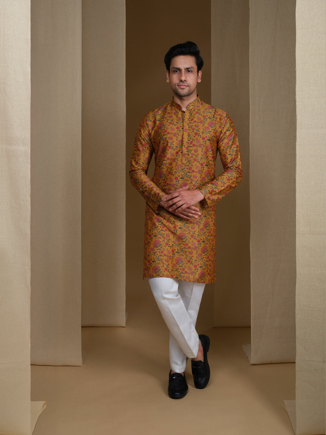 Aespen Mustard Cotton Silk Kurta For Men With Printed Ethnic Motif--aespenfashion.com-Aespen Fashion