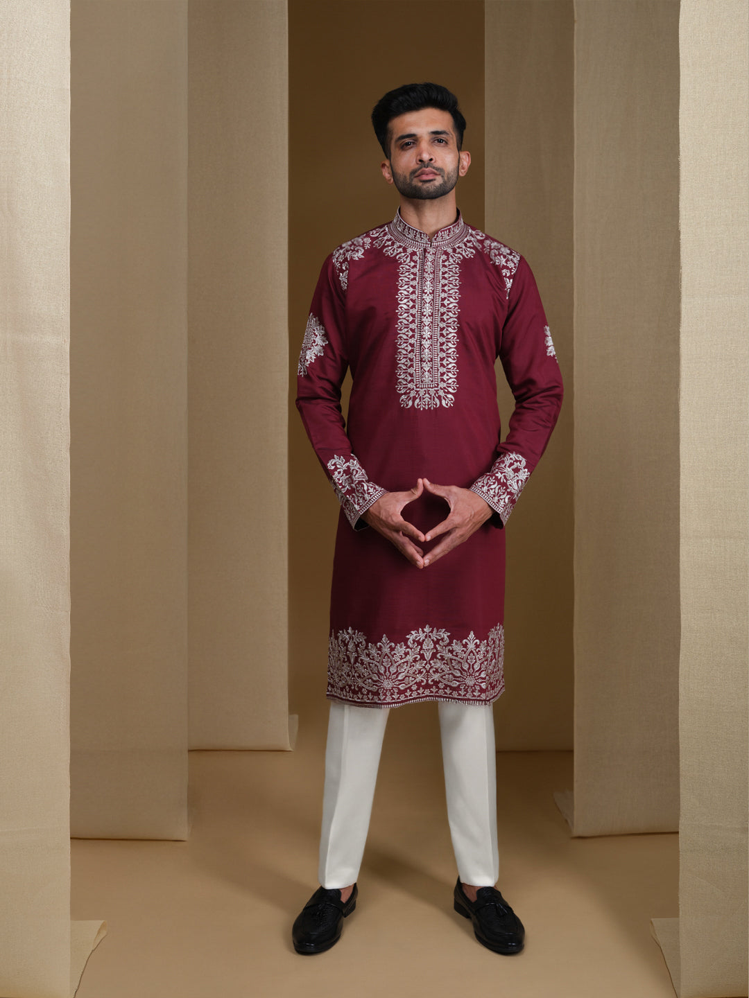 Aespen Wine Kurta For Men With Thread and Sequins Embroidery--aespenfashion.com-Aespen Fashion
