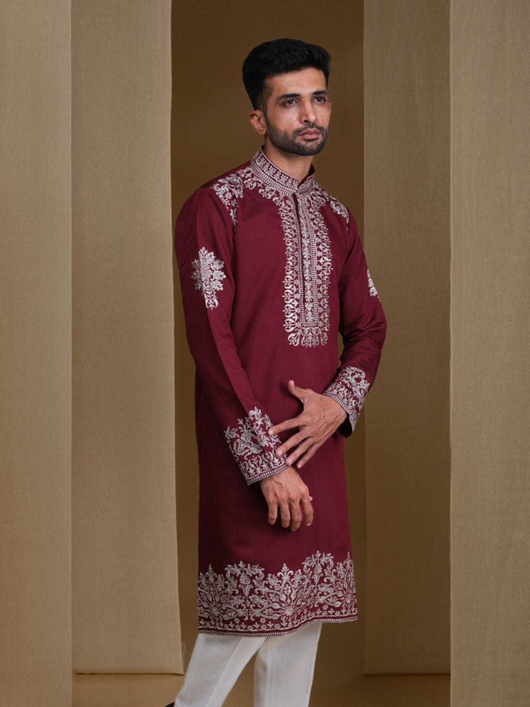 Aespen Wine Kurta For Men With Thread and Sequins Embroidery--aespenfashion.com-Aespen Fashion