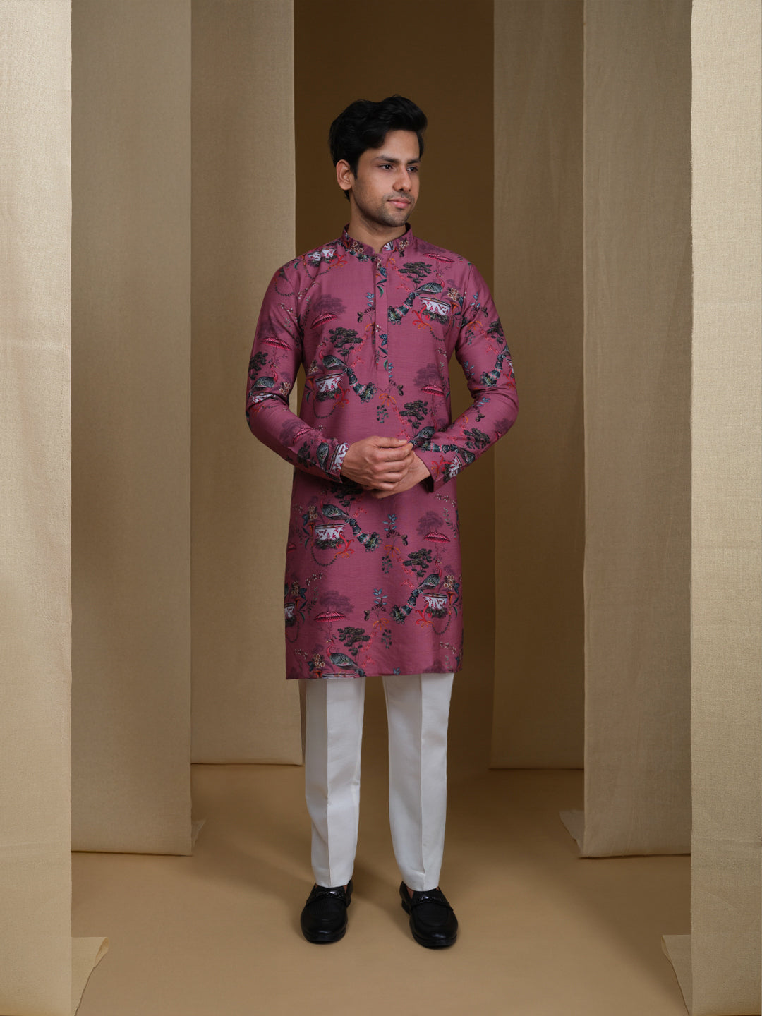 Aespen Mauve Crepe Kurta For Men With Botanical Print--aespenfashion.com-Aespen Fashion