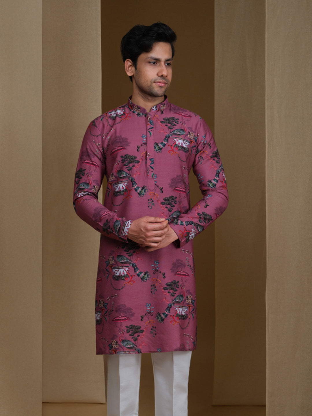 Aespen Mauve Crepe Kurta For Men With Botanical Print--aespenfashion.com-Aespen Fashion