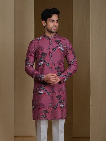 Aespen Mauve Crepe Kurta For Men With Botanical Print--aespenfashion.com-Aespen Fashion