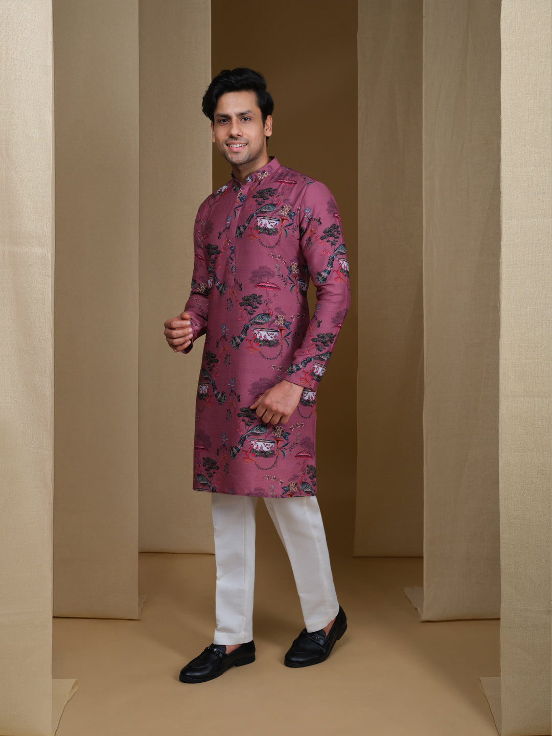 Aespen Mauve Crepe Kurta For Men With Botanical Print--aespenfashion.com-Aespen Fashion
