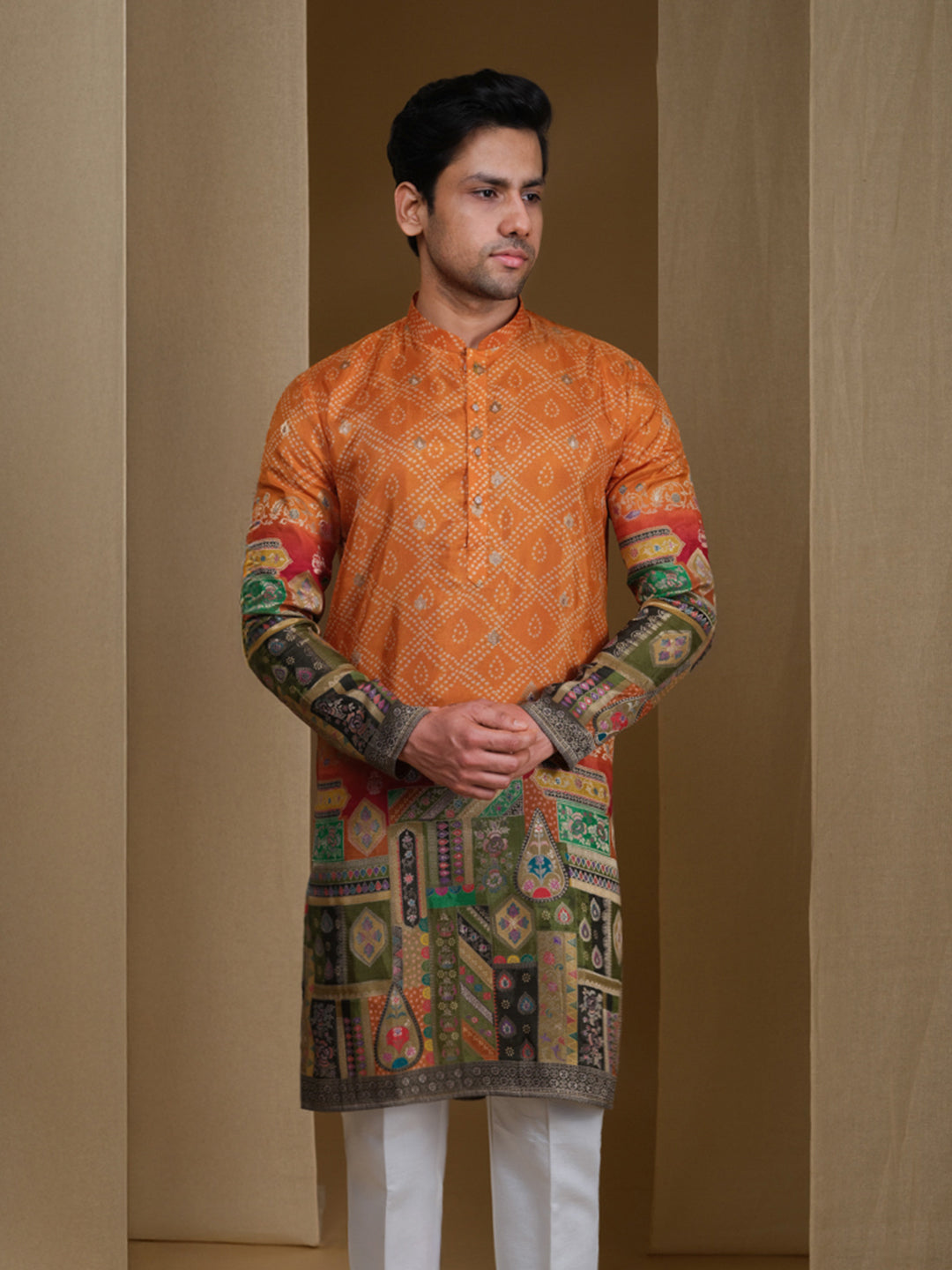 Aespen Mustard Jacquard Kurta For Men With Bandhani Print and Banarasi Weave--aespenfashion.com-Aespen Fashion