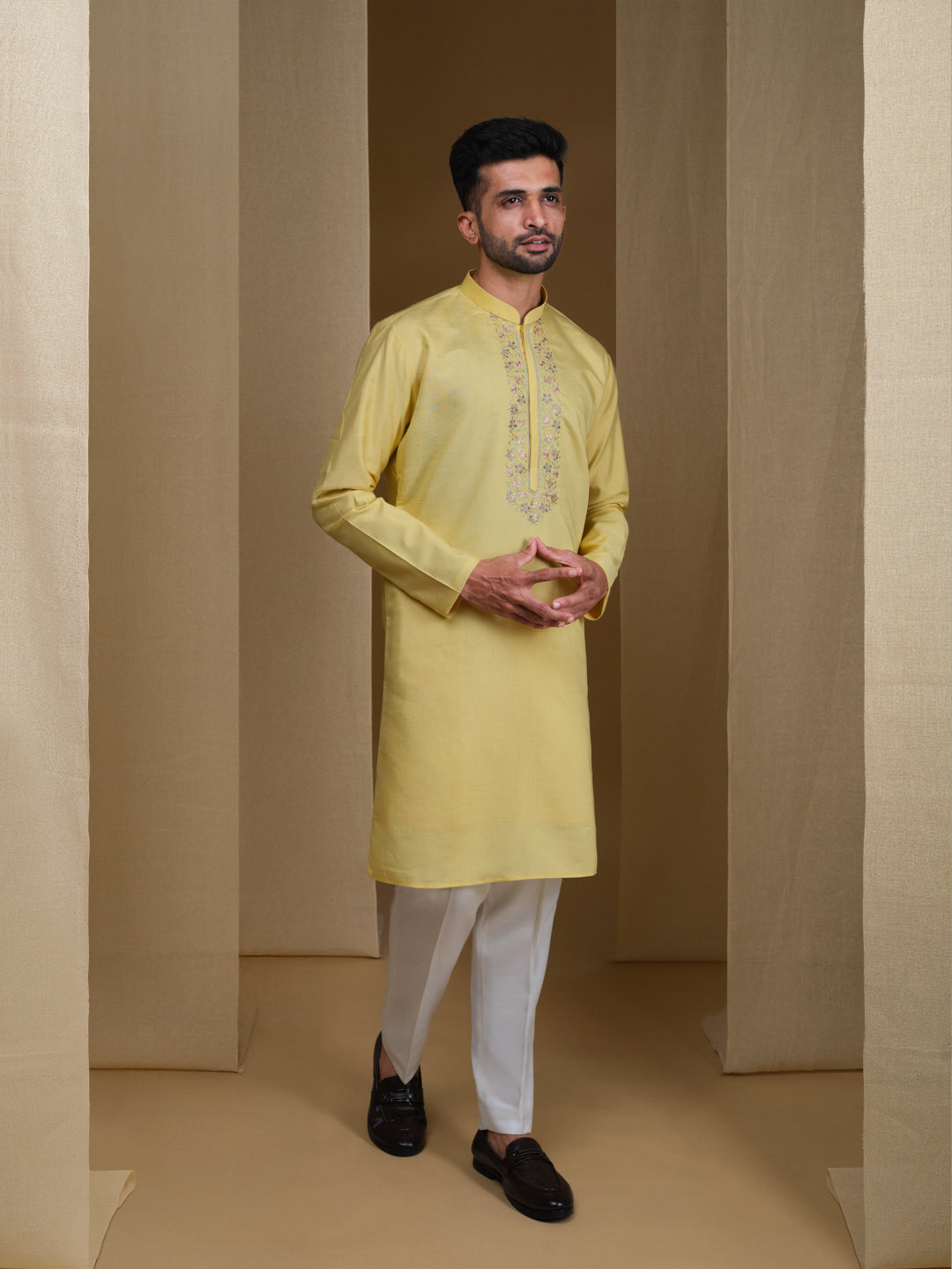 Aespen Yellow Kurta For Men With Thread and Sequins Embroidery--aespenfashion.com-Aespen Fashion
