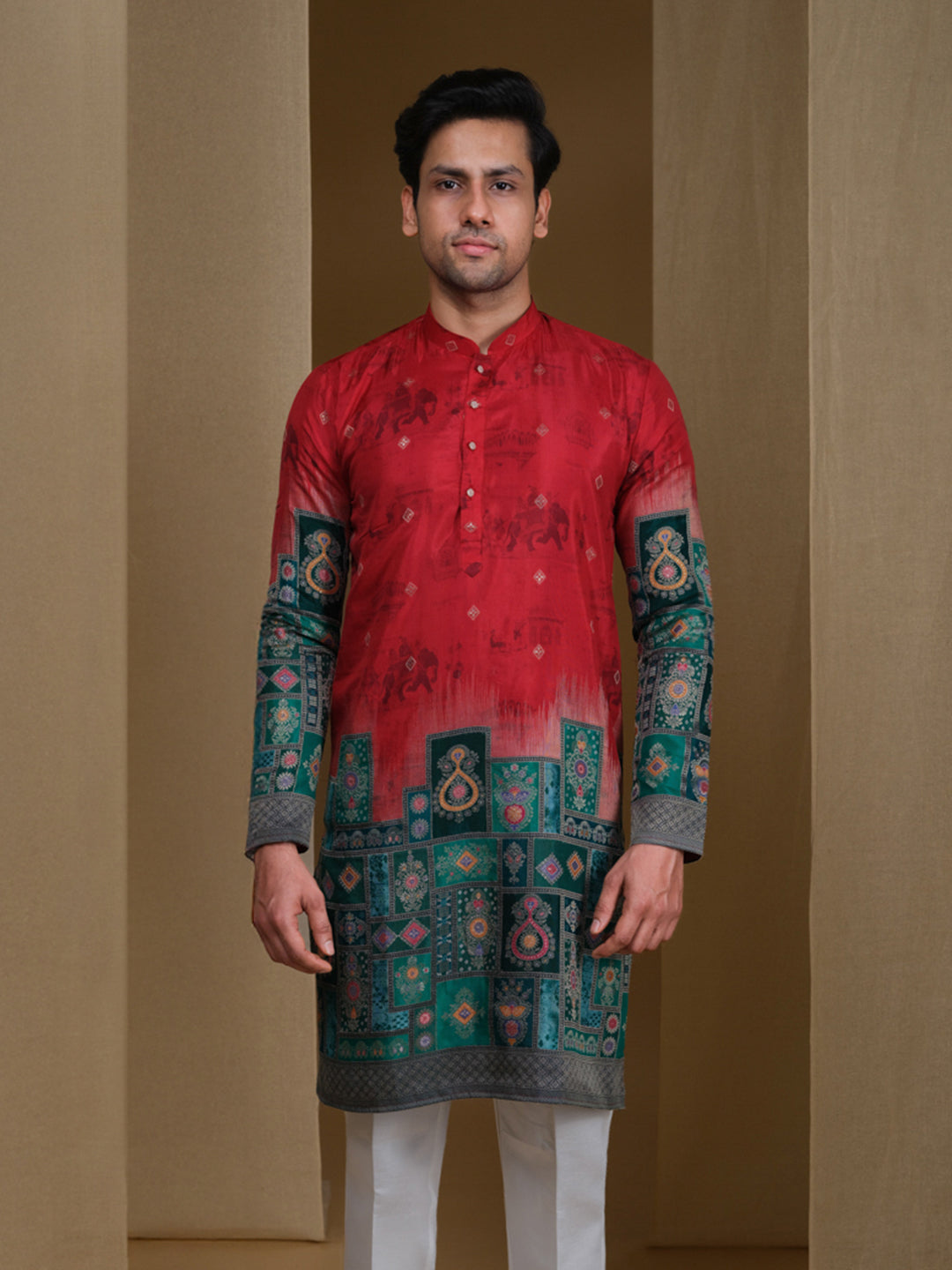 Aespen Red Jacquard Kurta For Men With Animal Motif and Banarasi Weave--aespenfashion.com-Aespen Fashion