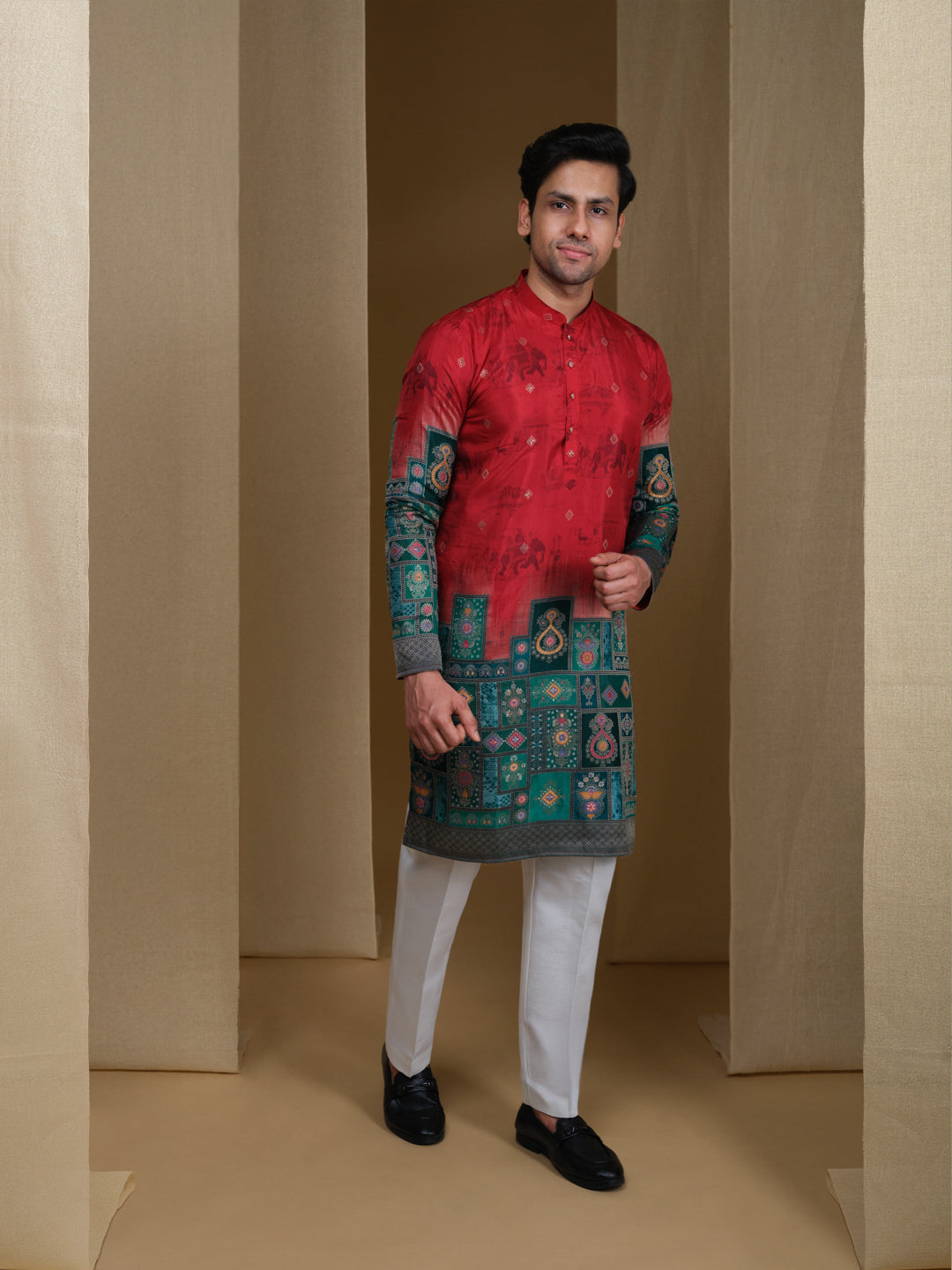 Aespen Red Jacquard Kurta For Men With Animal Motif and Banarasi Weave--aespenfashion.com-Aespen Fashion