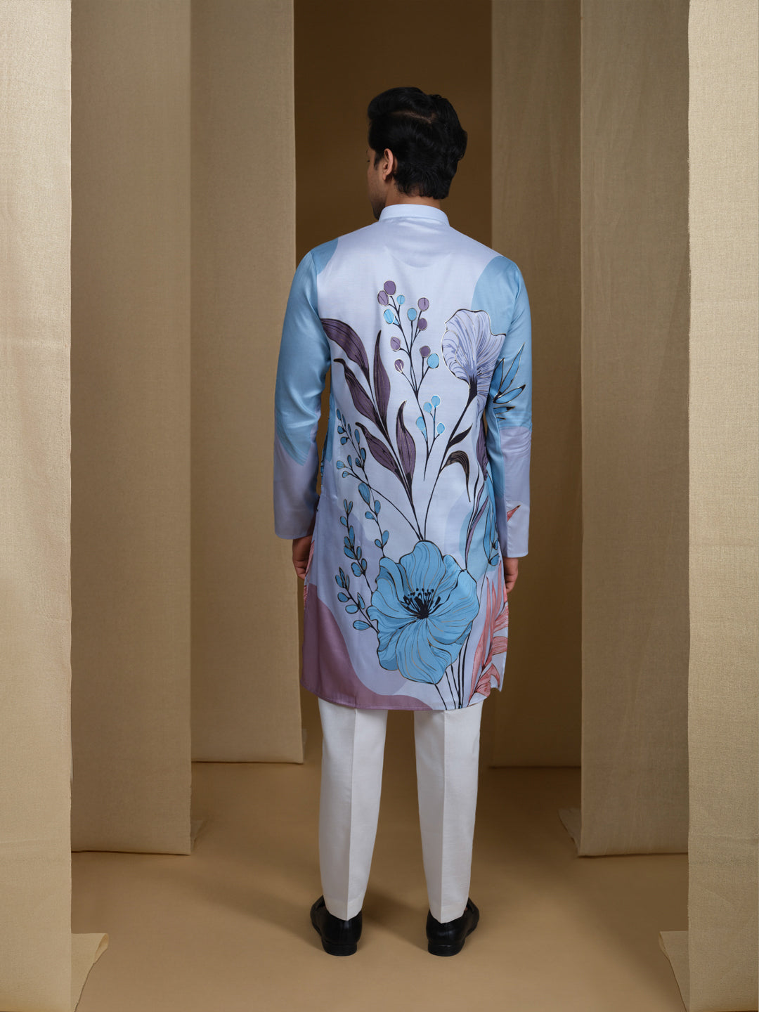 Aespen Light Blue  Kurta For Men With Floral Foil Print--aespenfashion.com-Aespen Fashion