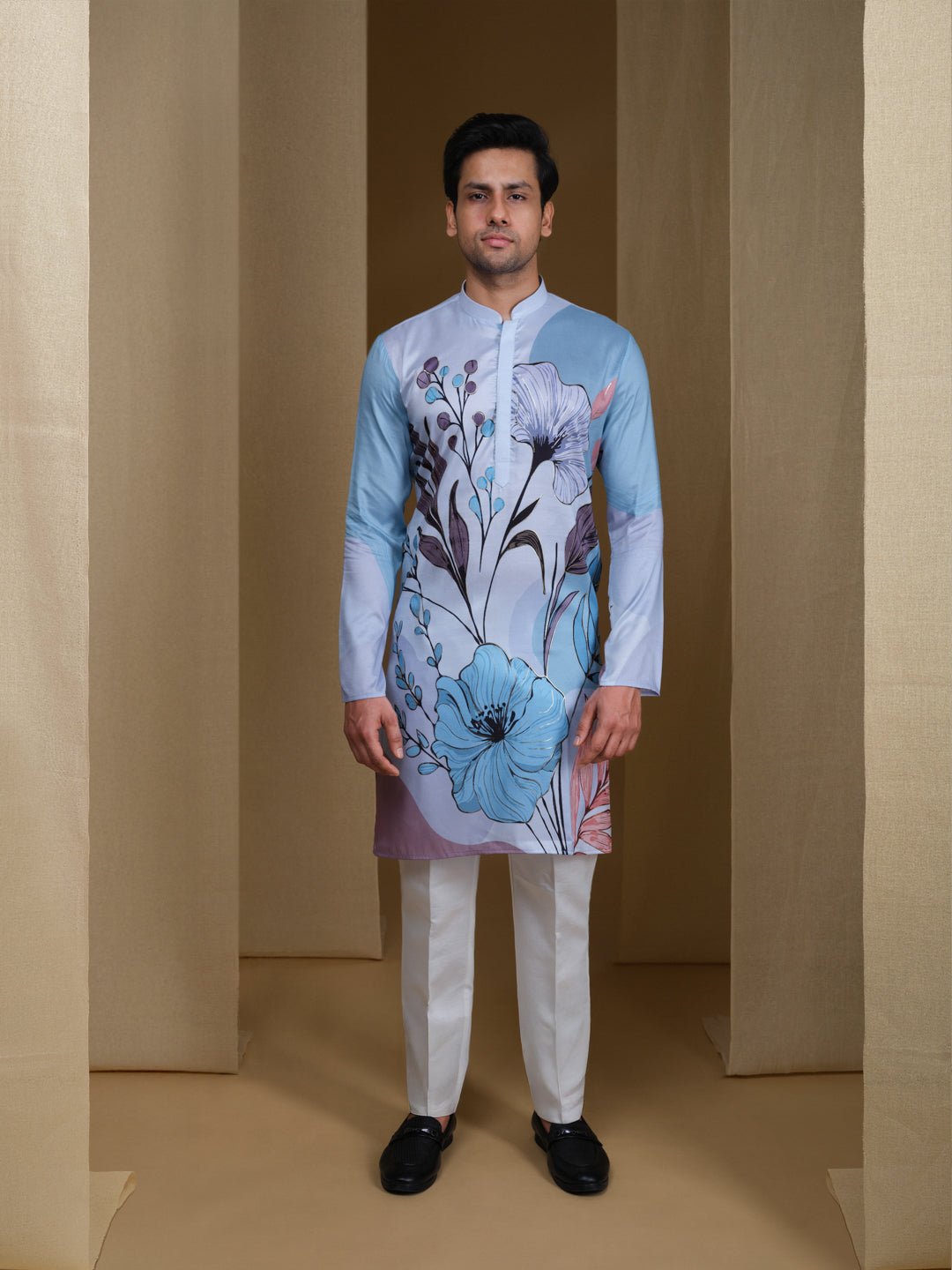 Aespen Light Blue  Kurta For Men With Floral Foil Print--aespenfashion.com-Aespen Fashion
