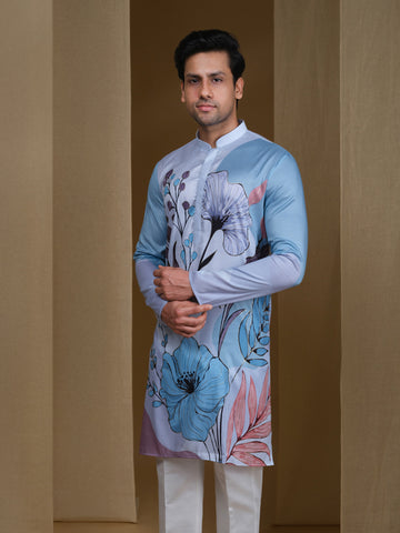 Aespen Light Blue  Kurta For Men With Floral Foil Print--aespenfashion.com-Aespen Fashion