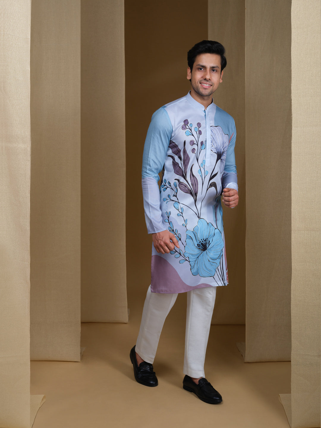 Aespen Light Blue  Kurta For Men With Floral Foil Print--aespenfashion.com-Aespen Fashion
