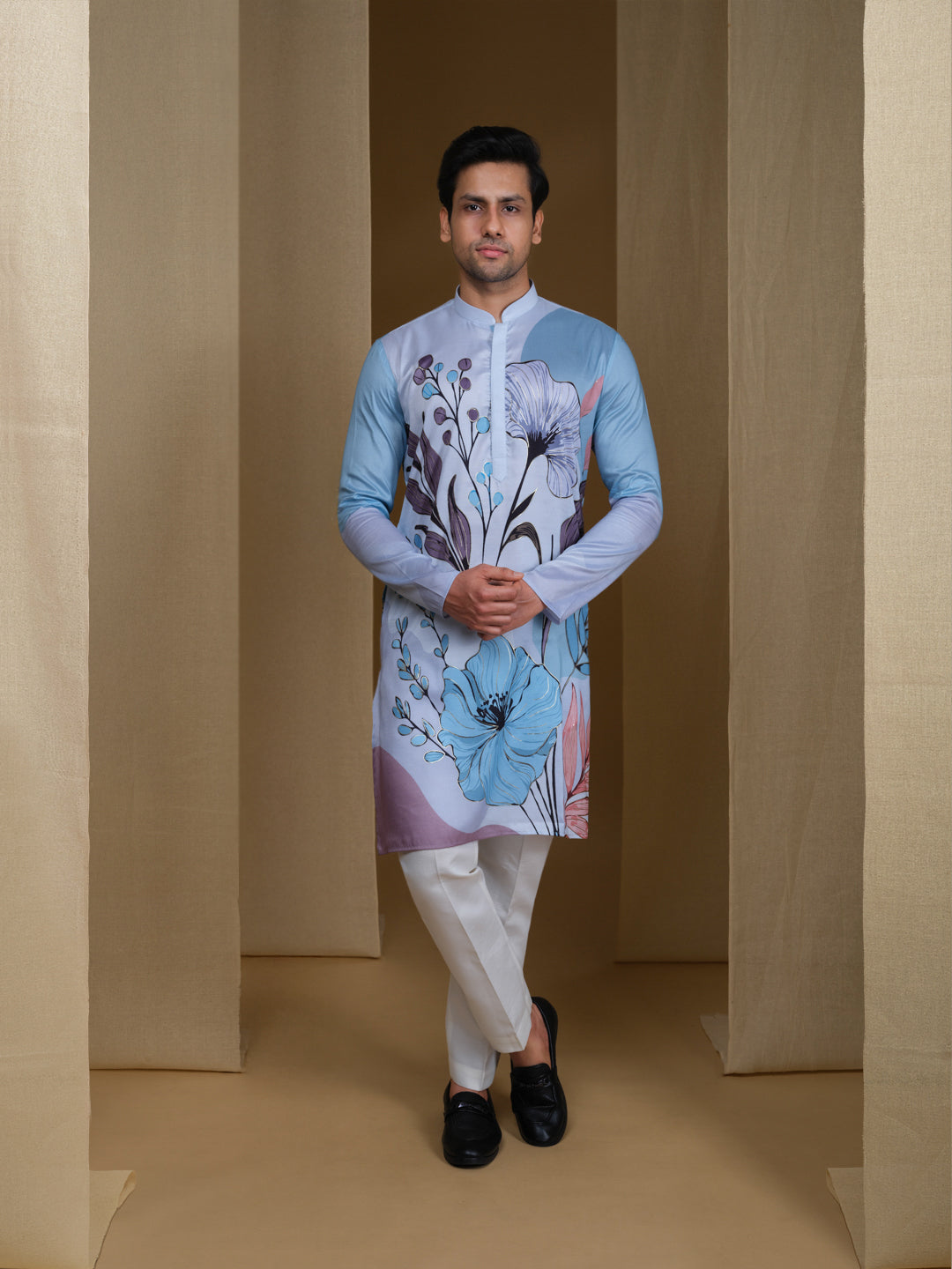 Aespen Light Blue  Kurta For Men With Floral Foil Print--aespenfashion.com-Aespen Fashion