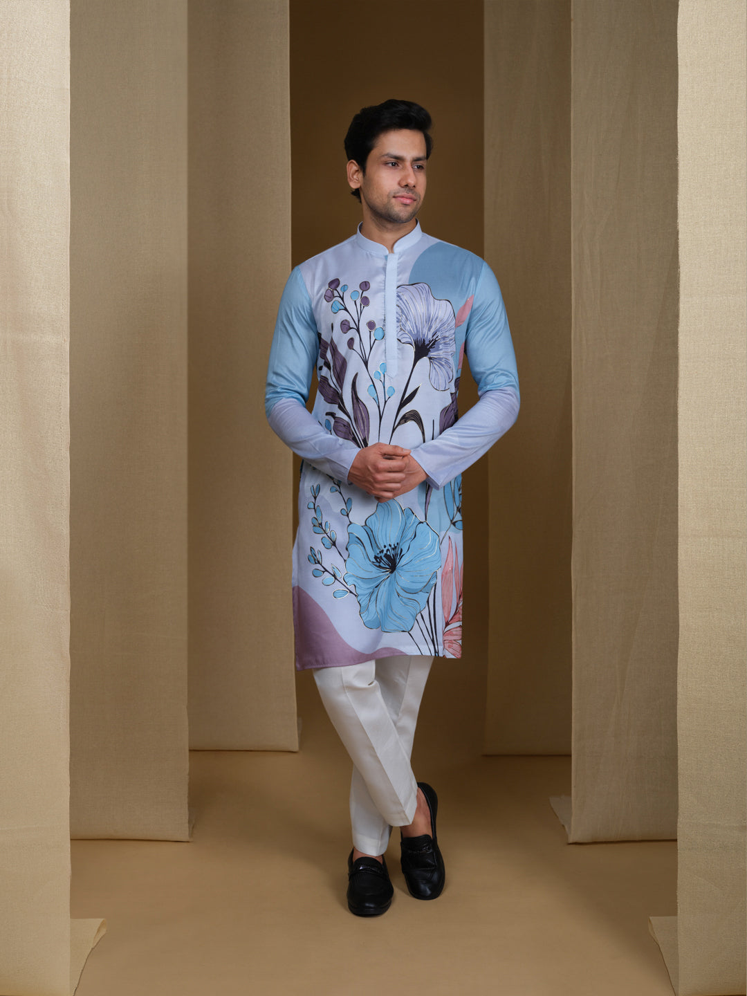 Aespen Light Blue  Kurta For Men With Floral Foil Print--aespenfashion.com-Aespen Fashion