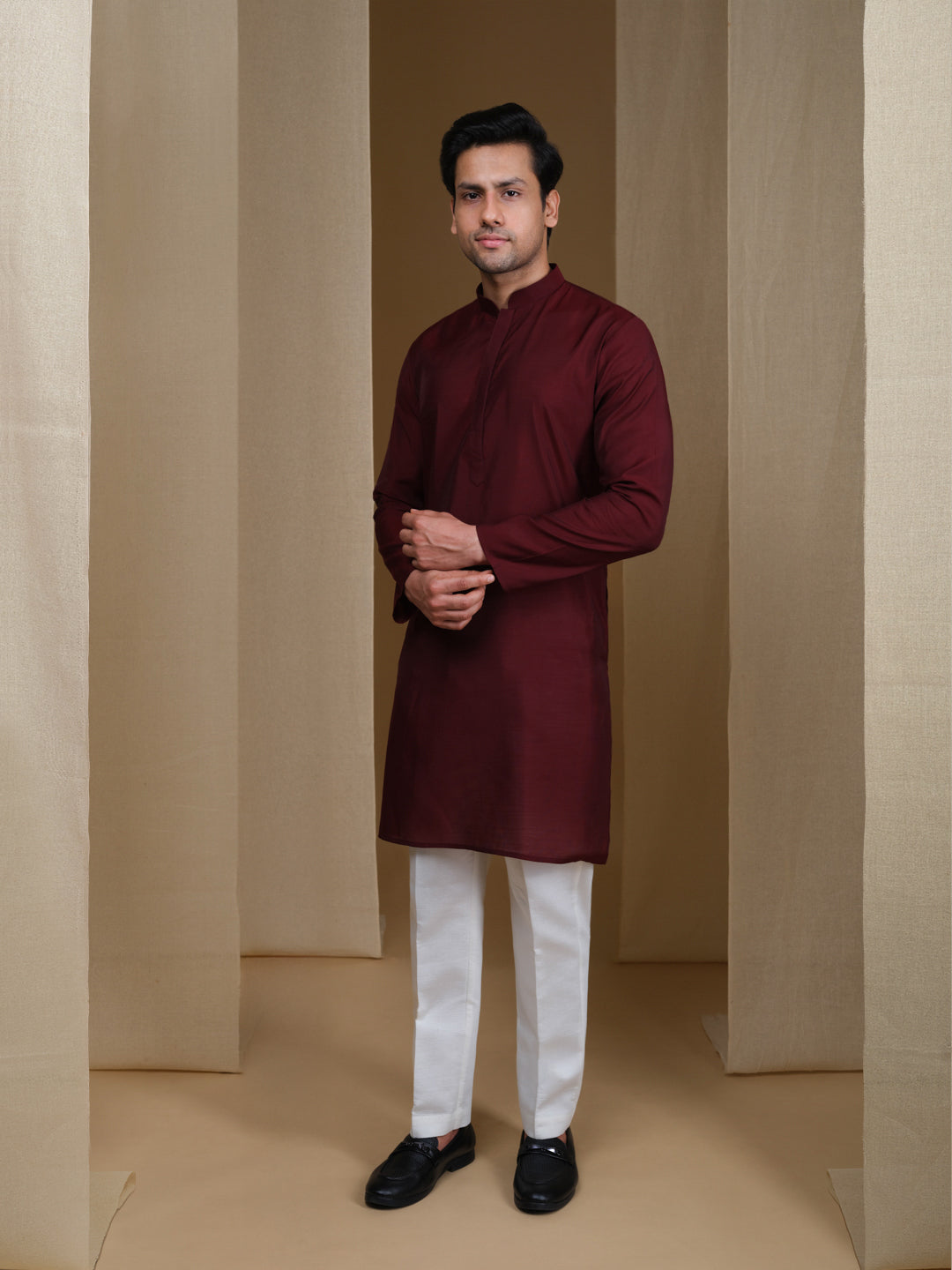 Aespen Rich Maroon Cotton Silk Kurta For Men--aespenfashion.com-Aespen Fashion