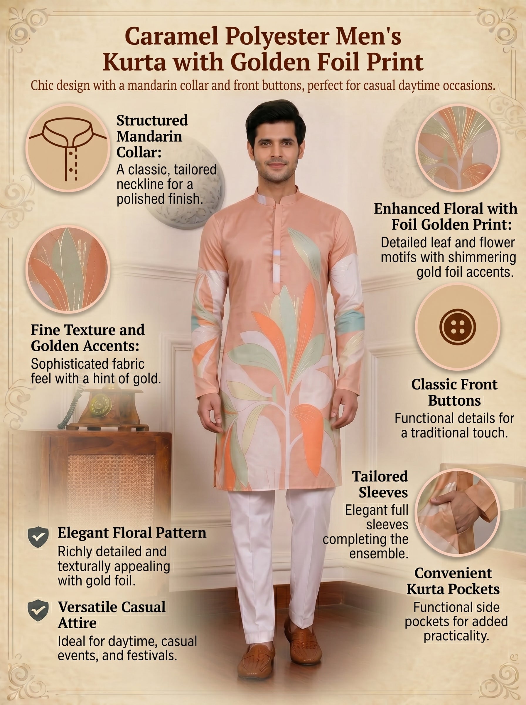 Aespen Caramel Kurta For Men With Floral Foil Print - Aespenfashion.com