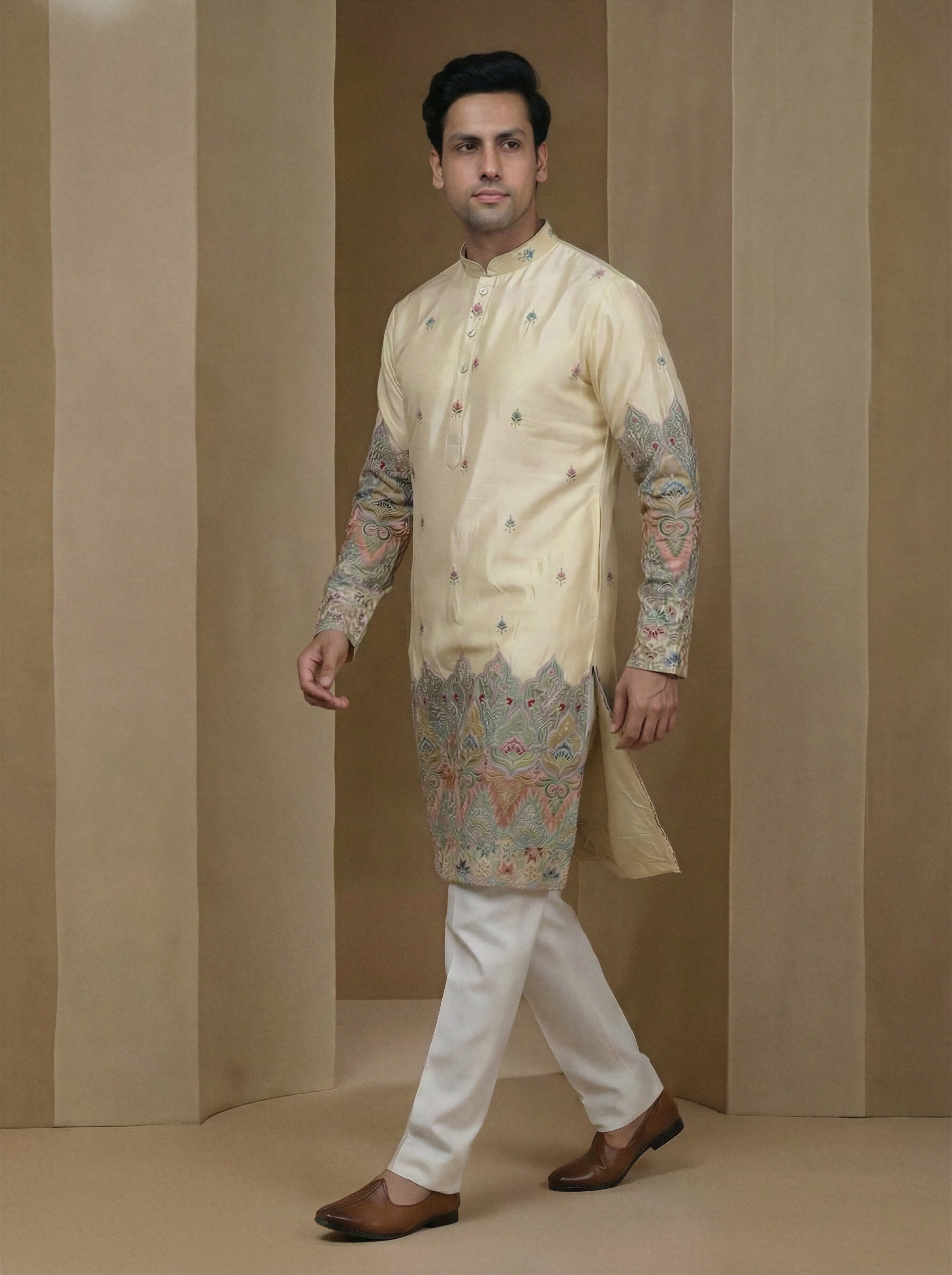 Aespen Beige Tissue Kurta For Men With Resham Work - Aespenfashion.com