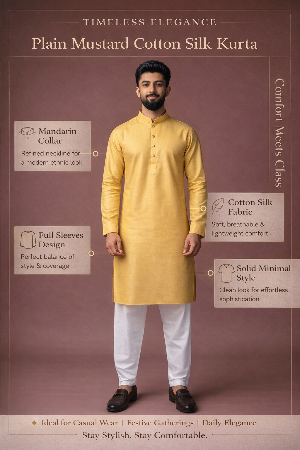Aespen Premium Mustard Cotton Silk Kurta For Men - Aespenfashion.com