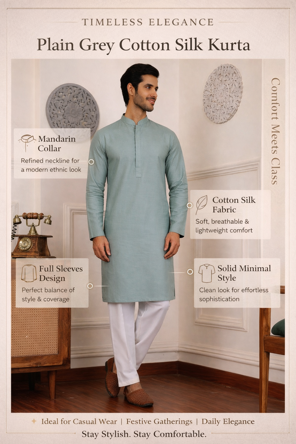 Aespen  Classic Grey Cotton Silk Kurta For Men - Aespenfashion.com