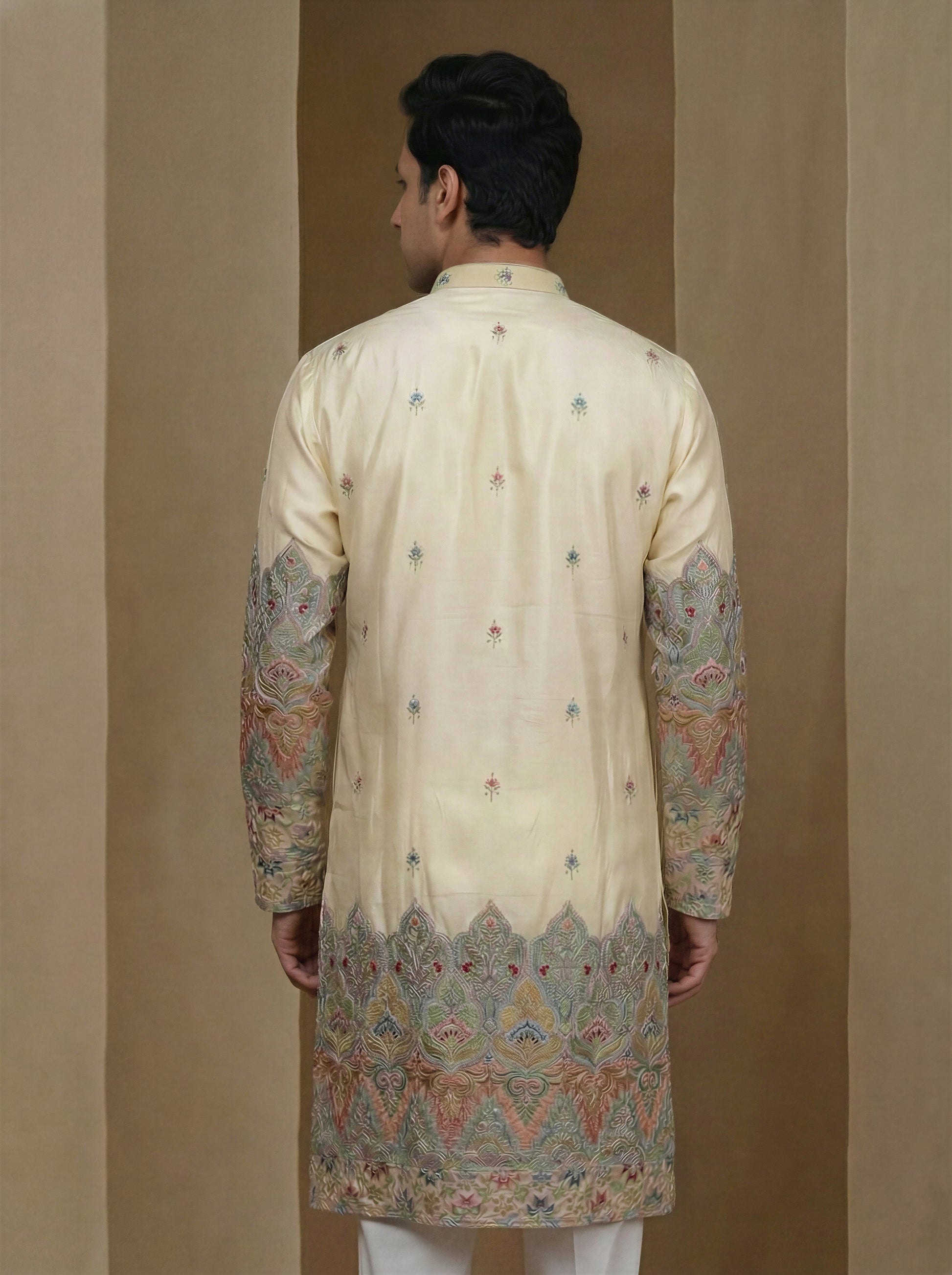 Aespen Beige Tissue Kurta For Men With Resham Work - Aespenfashion.com