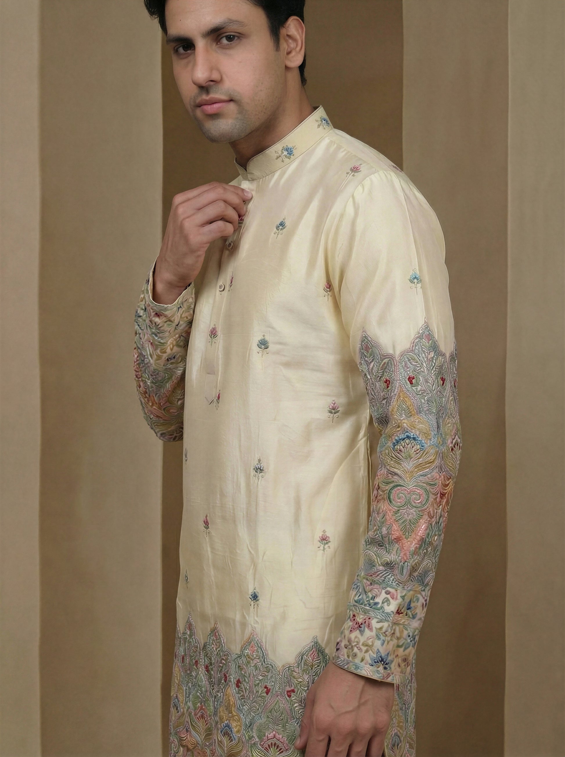 Aespen Beige Tissue Kurta For Men With Resham Work - Aespenfashion.com
