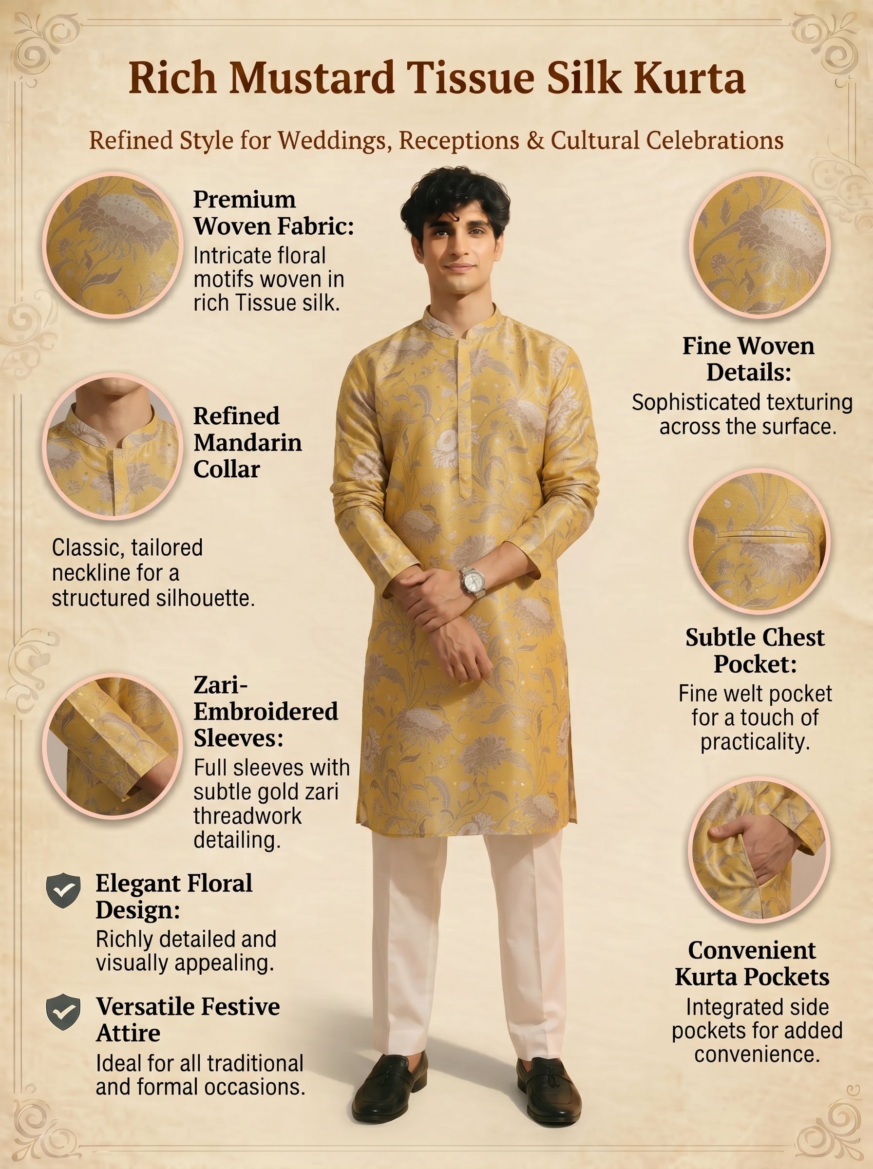 Aespen Mustard Tissue Silk Kurta For Men With Floral Motif - Aespenfashion.com