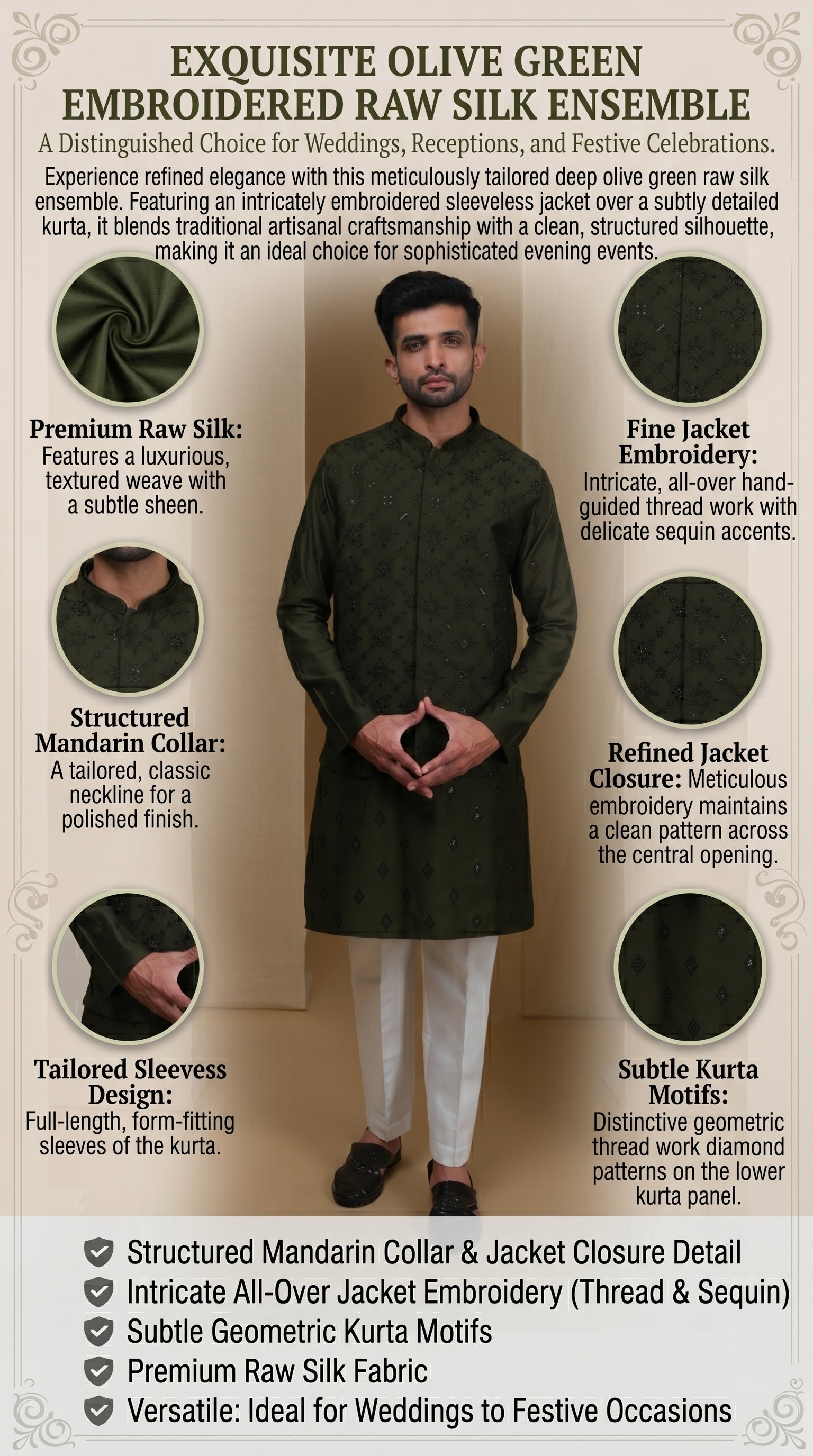 Aespen Olive Lurex Cotton Kurta Jacket Set For Men With Thread And Sequins Embroidery - Aespenfashion.com