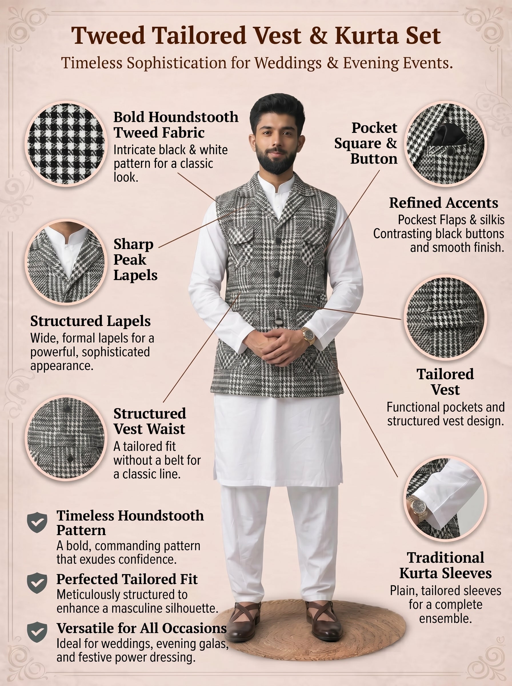 Aespen Tailored Fit Tweed BlazerJacket For Men With Houndstooth Pattern - Aespenfashion.com