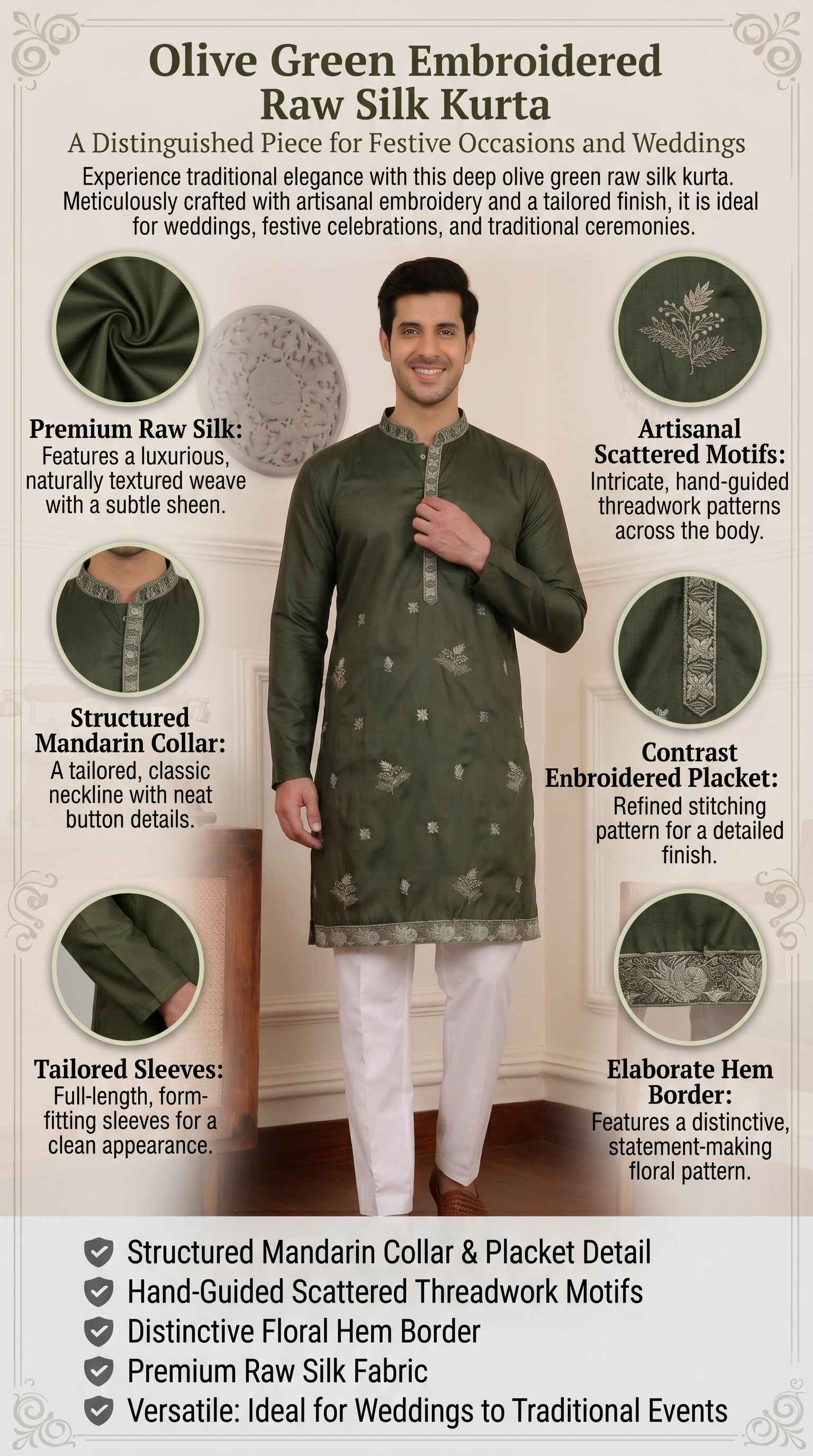 Aespen Olive Green Raw Silk Kurta For Men With Thread and Sequins Embroidery