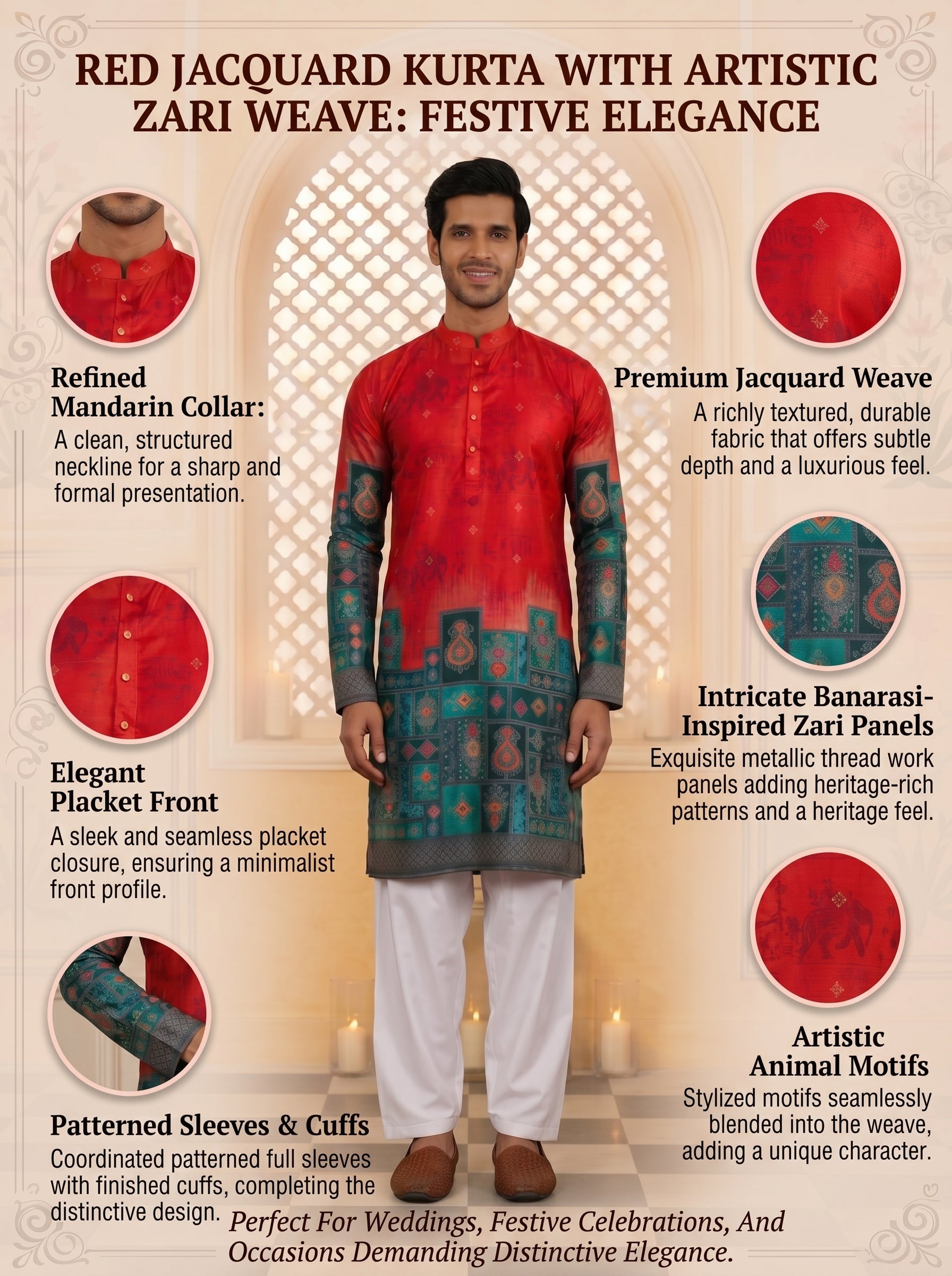 Aespen Red Jacquard Kurta For Men With Animal Motif and Banarasi Weave - Aespenfashion.com
