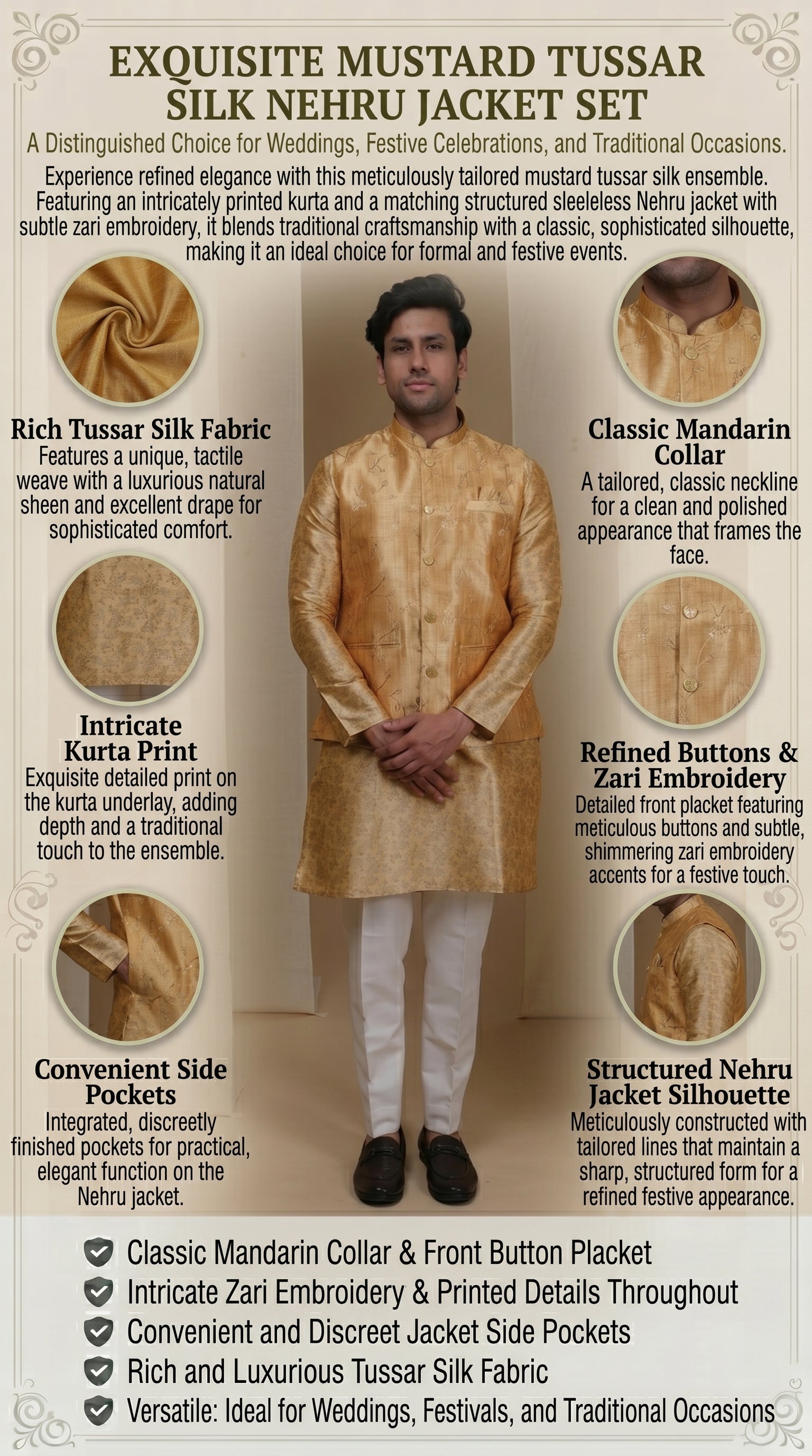 Aespen Mustard Tussar Silk Kurta Jacket Set For Men With Zari Embroidery - Aespenfashion.com