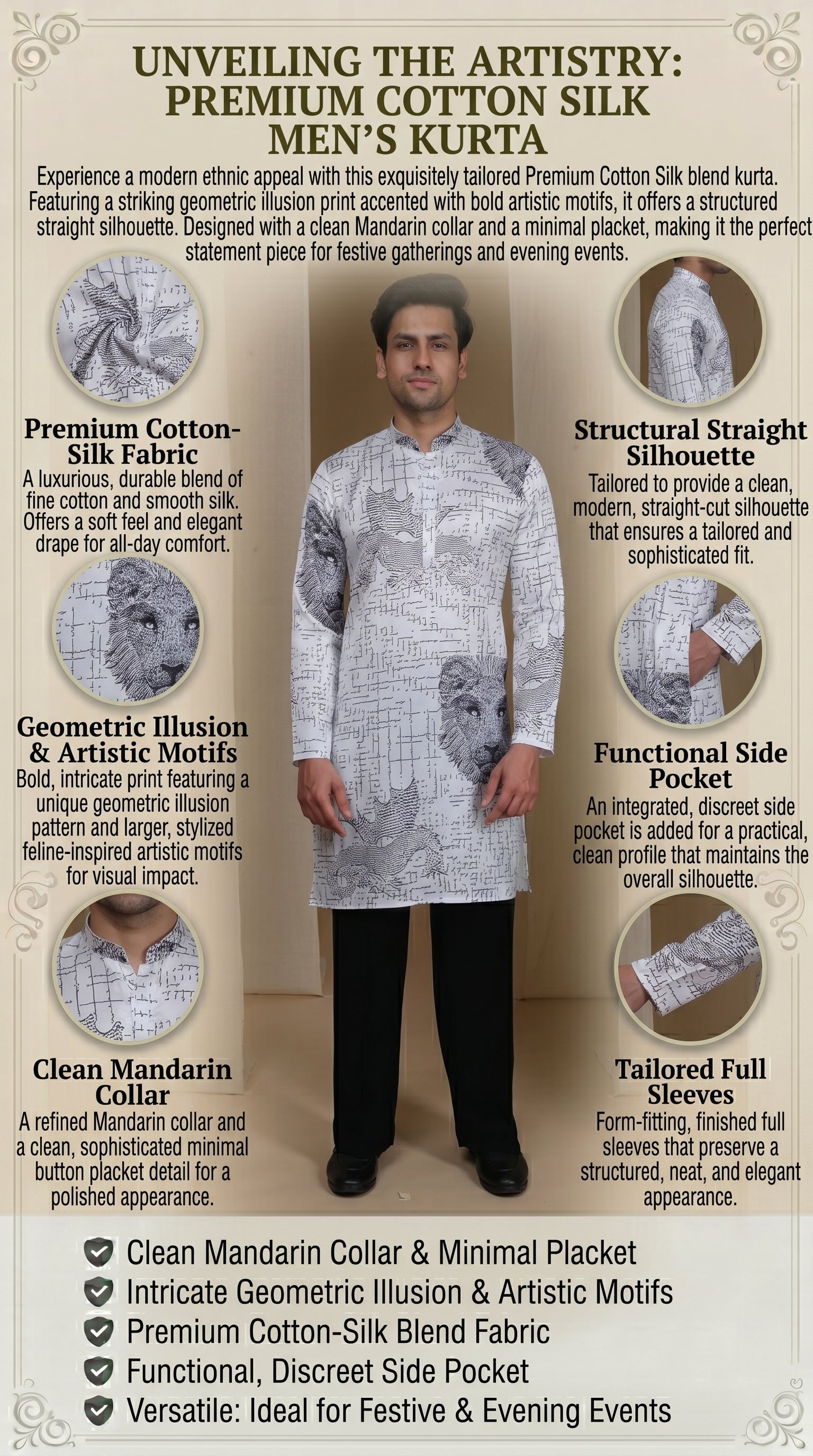 Aespen White Cotton Silk Kurta For Men With Geometric Illusion Print - Aespenfashion.com