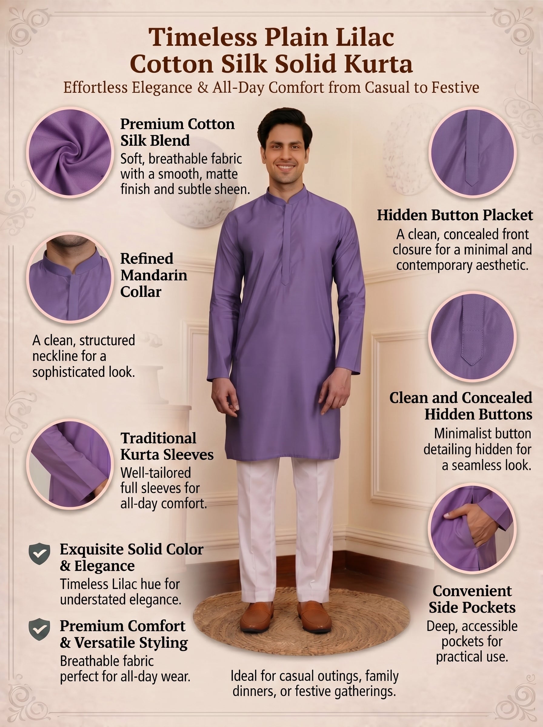 Aespen Premium Lilac Cotton Silk Kurta For Men - Aespenfashion.com
