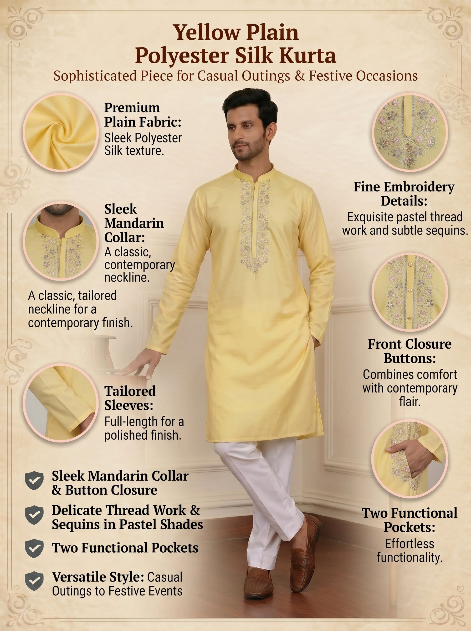 Aespen Yellow Kurta For Men With Thread and Sequins Embroidery - Aespenfashion.com