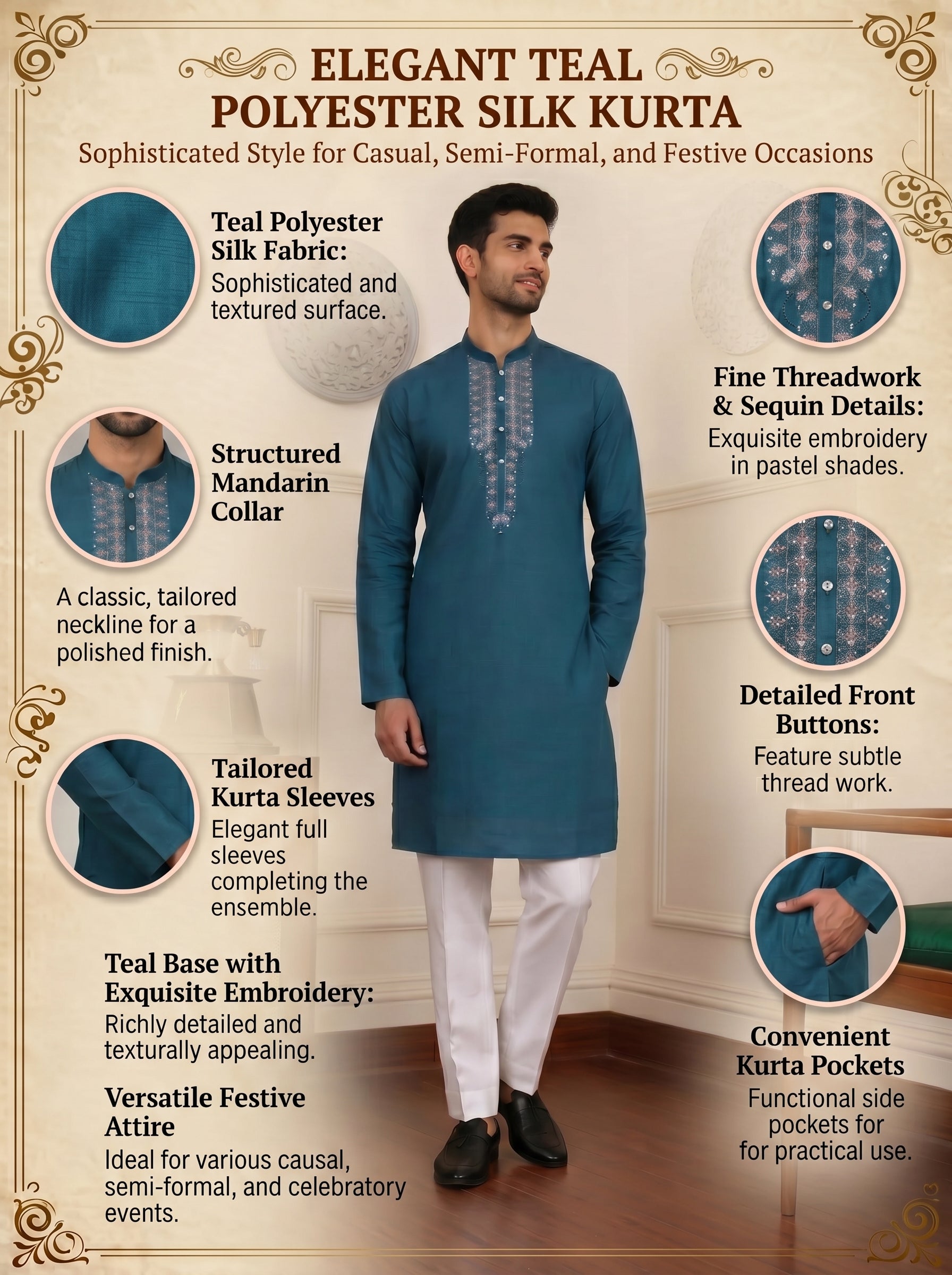 Aespen Teal Kurta For Men With Thread and Sequins Embroidery - Aespenfashion.com