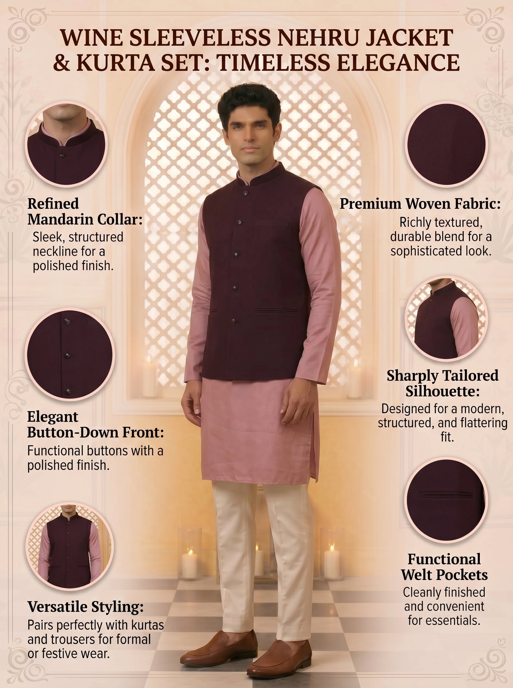 Aespen Royal Wine Lurex Cotton Nehru Jacket For Men - Aespenfashion.com