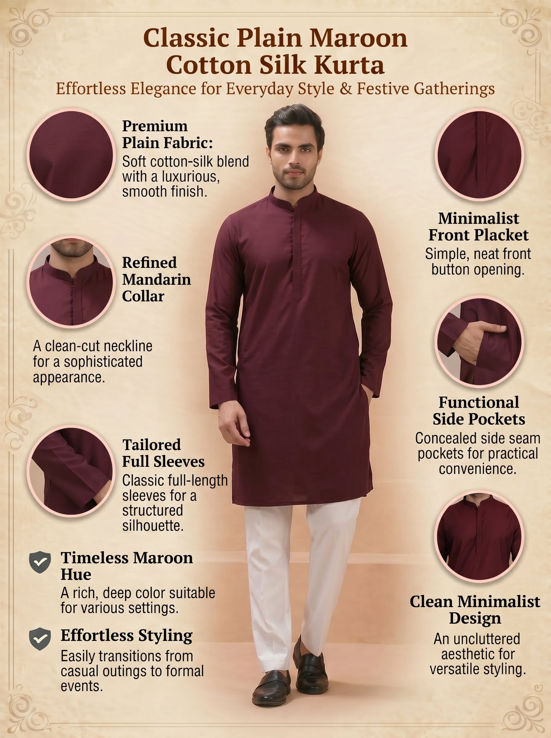 Aespen Rich Maroon Cotton Silk Kurta For Men - Aespenfashion.com
