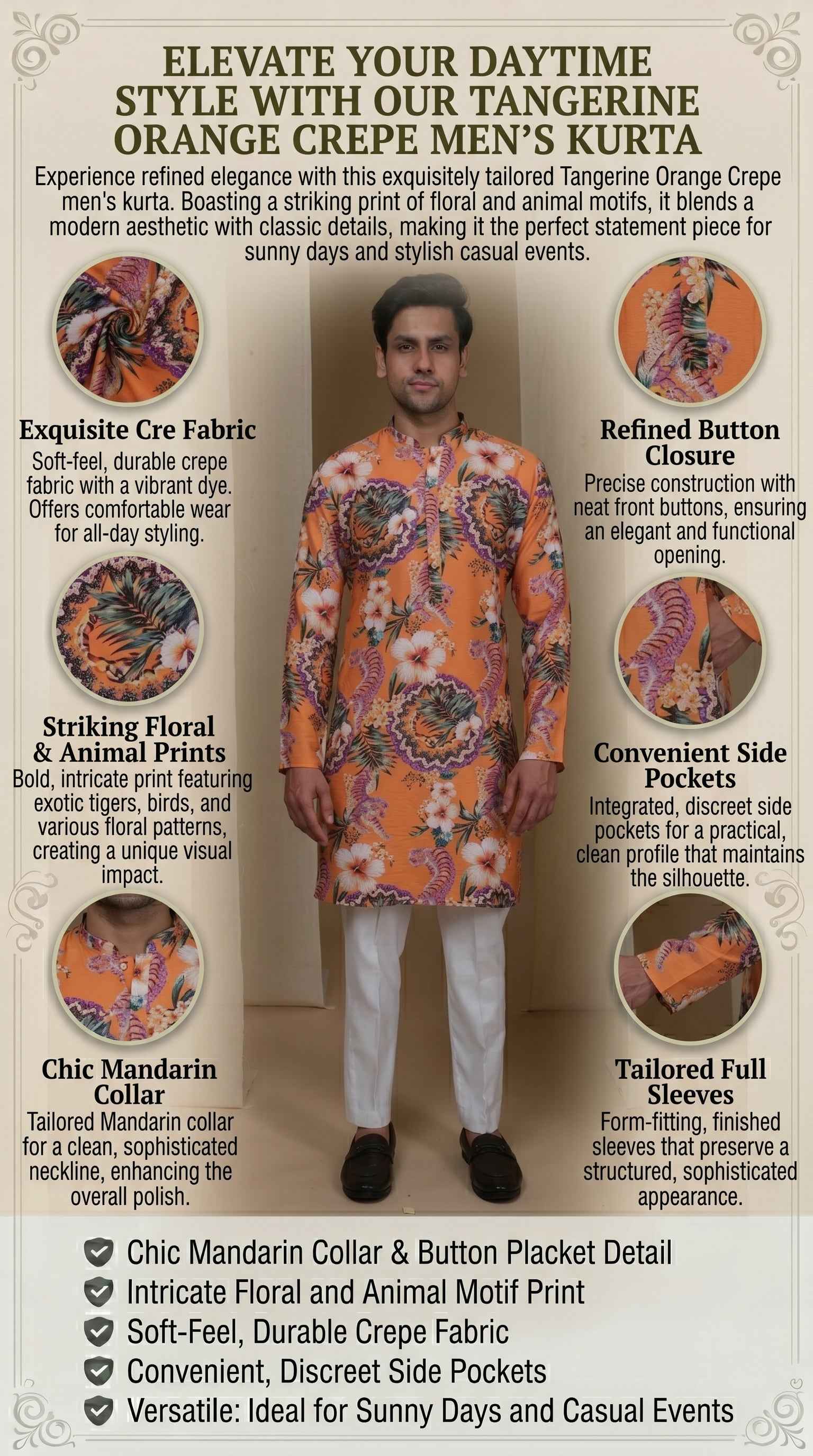Aespen Tangerine Orange Kurta for Men - Stylish Floral Motif Ethnic Wear
