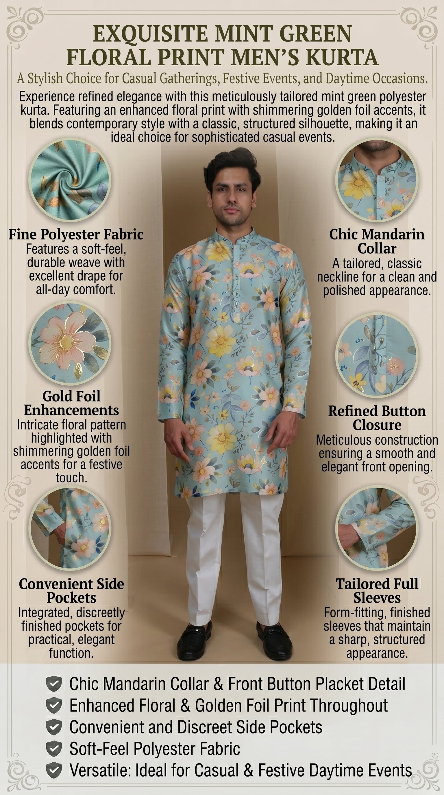 Aespen Mint Green Kurta For Men With Foil Print - Aespenfashion.com