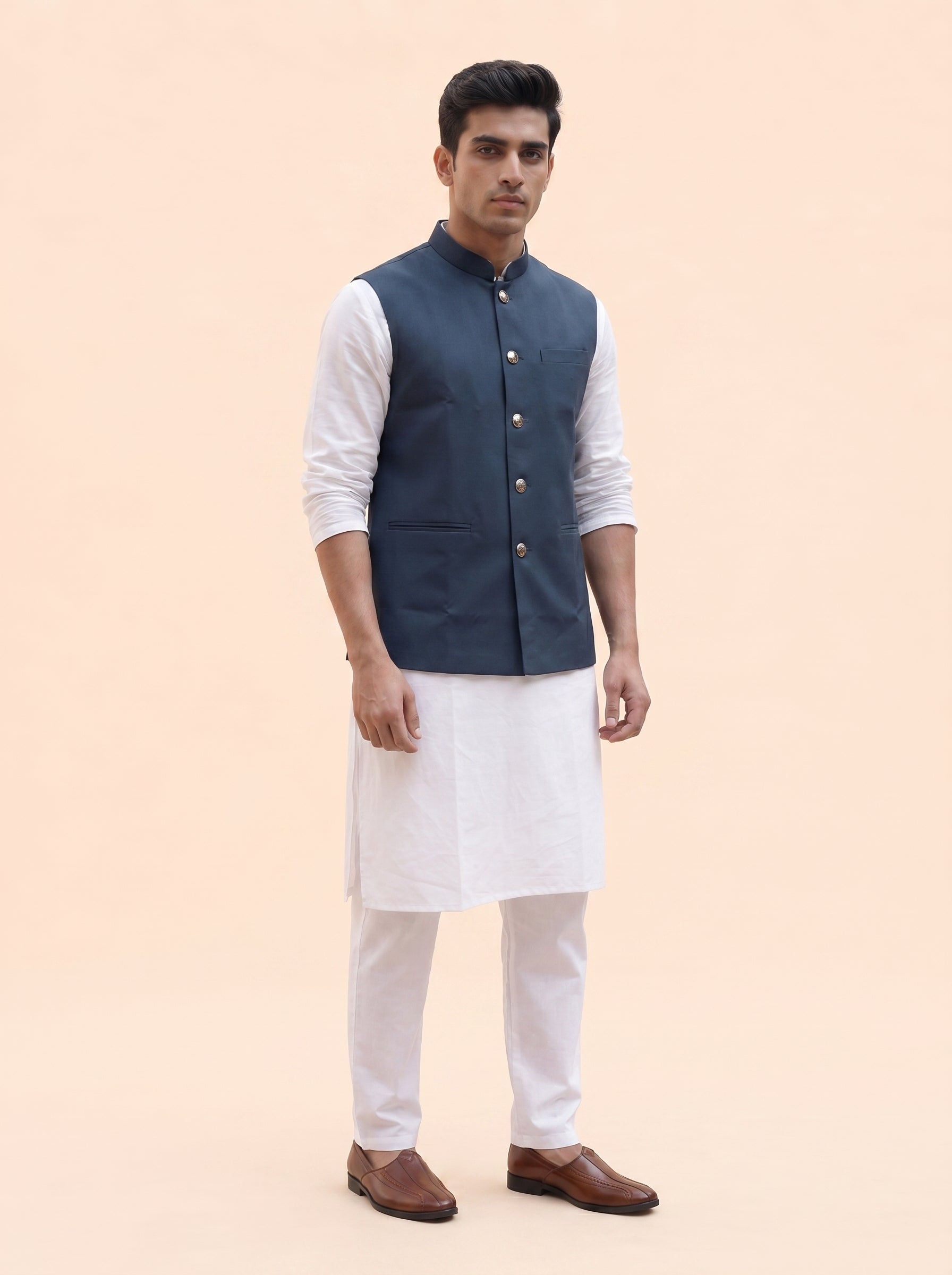 Aespen Slate Blue Classic Lurex Cotton Nehru Jacket for Men - Aespenfashion.com