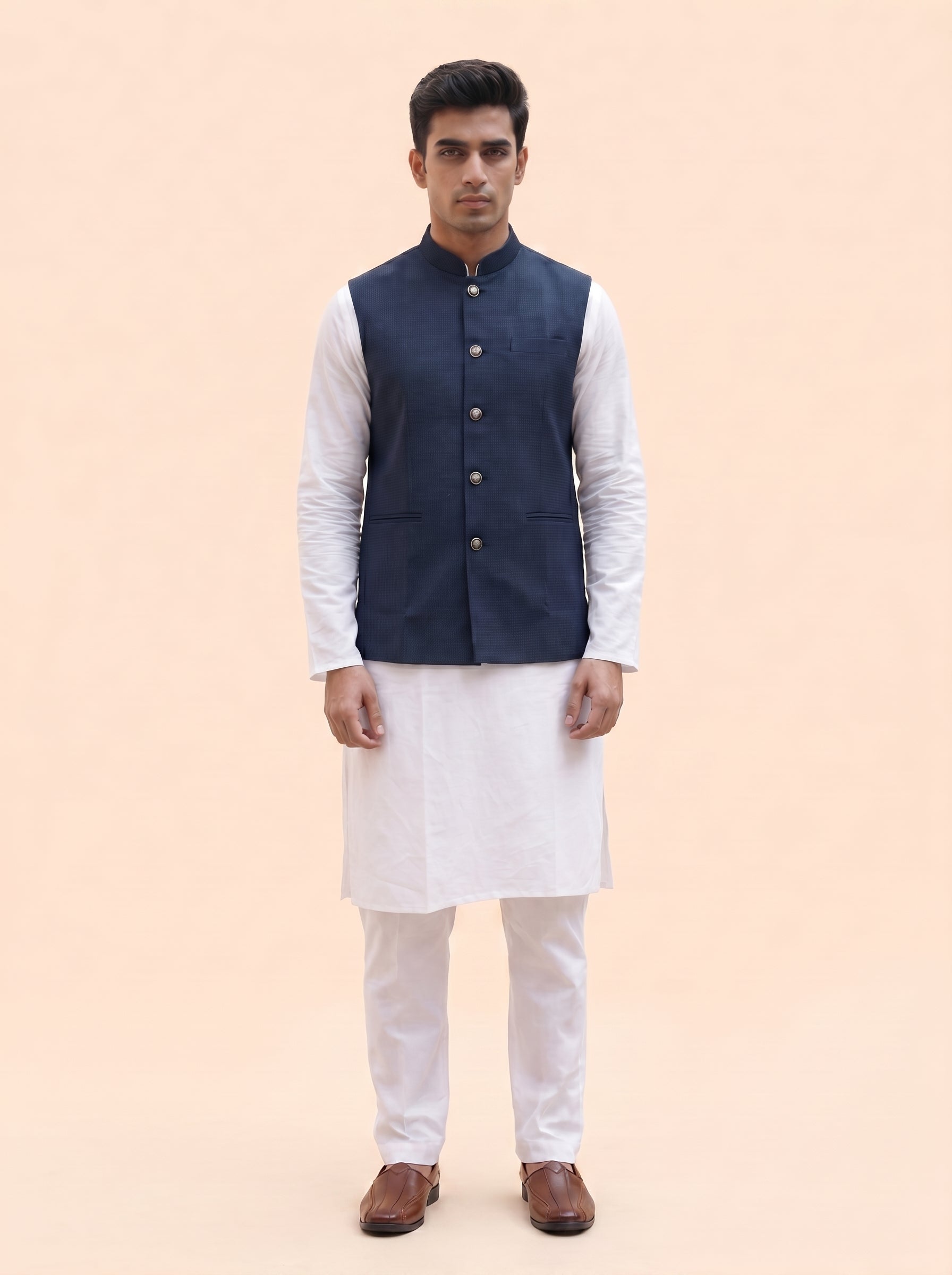 Aespen Premium Indigo Dobby Nehru Jacket For Men - Aespenfashion.com