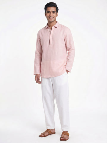 Aespen Rose Mist Pink Kurta Pant: Stylish Linen Short Kurta for Men