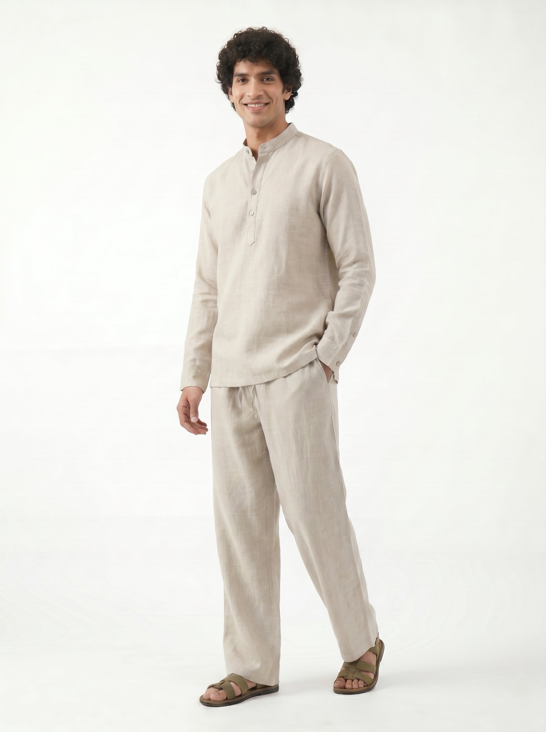 Aespen Grey Linen Kurta Pant for Men - Stylish Short Design