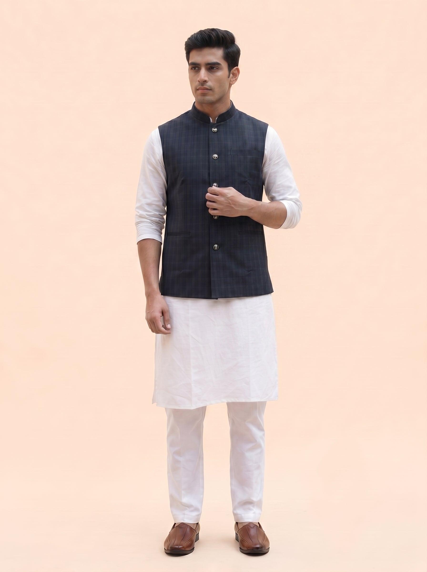 Aespen Classic Navy Blue Polysilk Nehru Jacket For Men - Aespenfashion.com