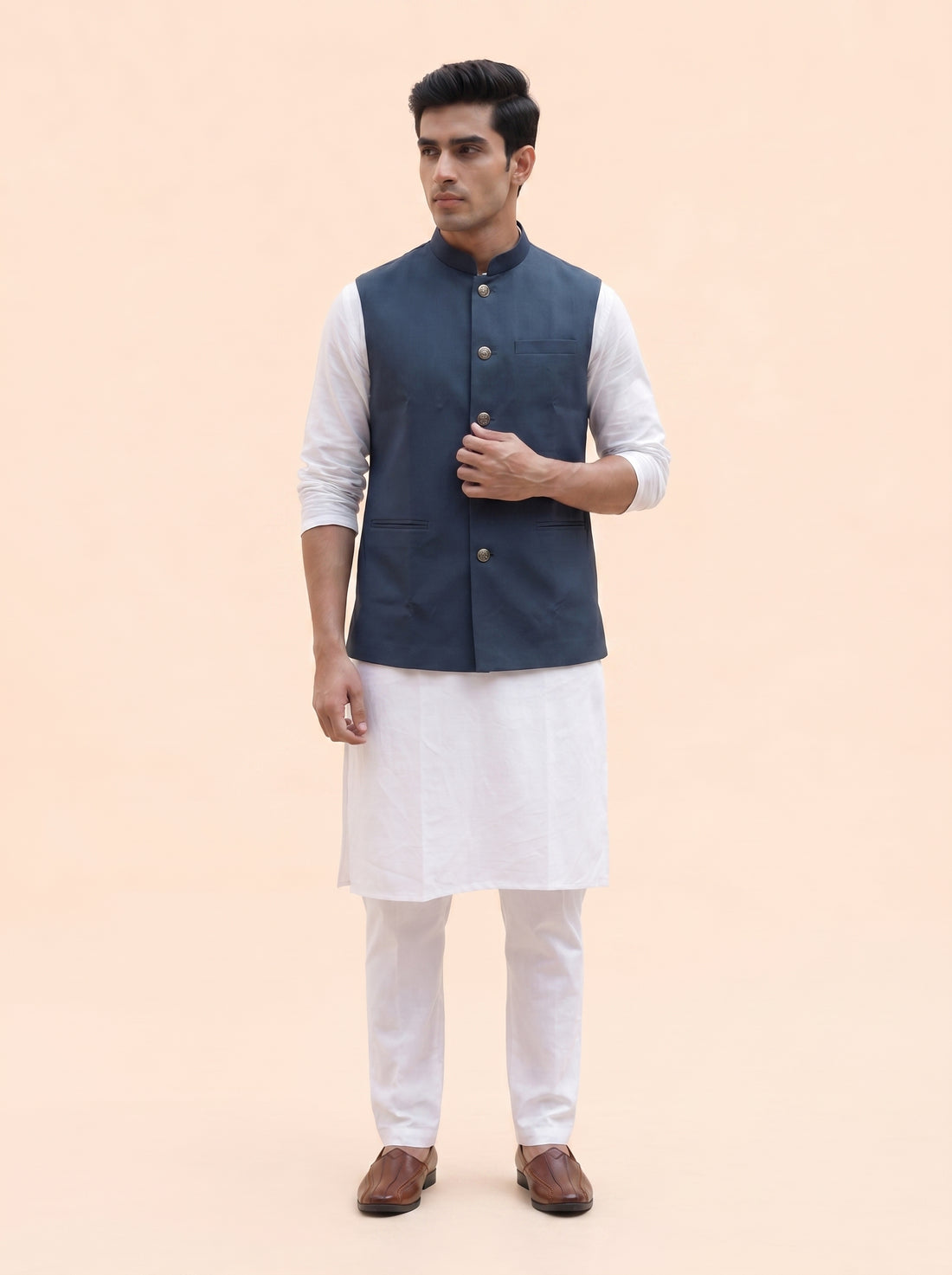 Aespen Slate Blue Classic Lurex Cotton Nehru Jacket for Men - Aespenfashion.com