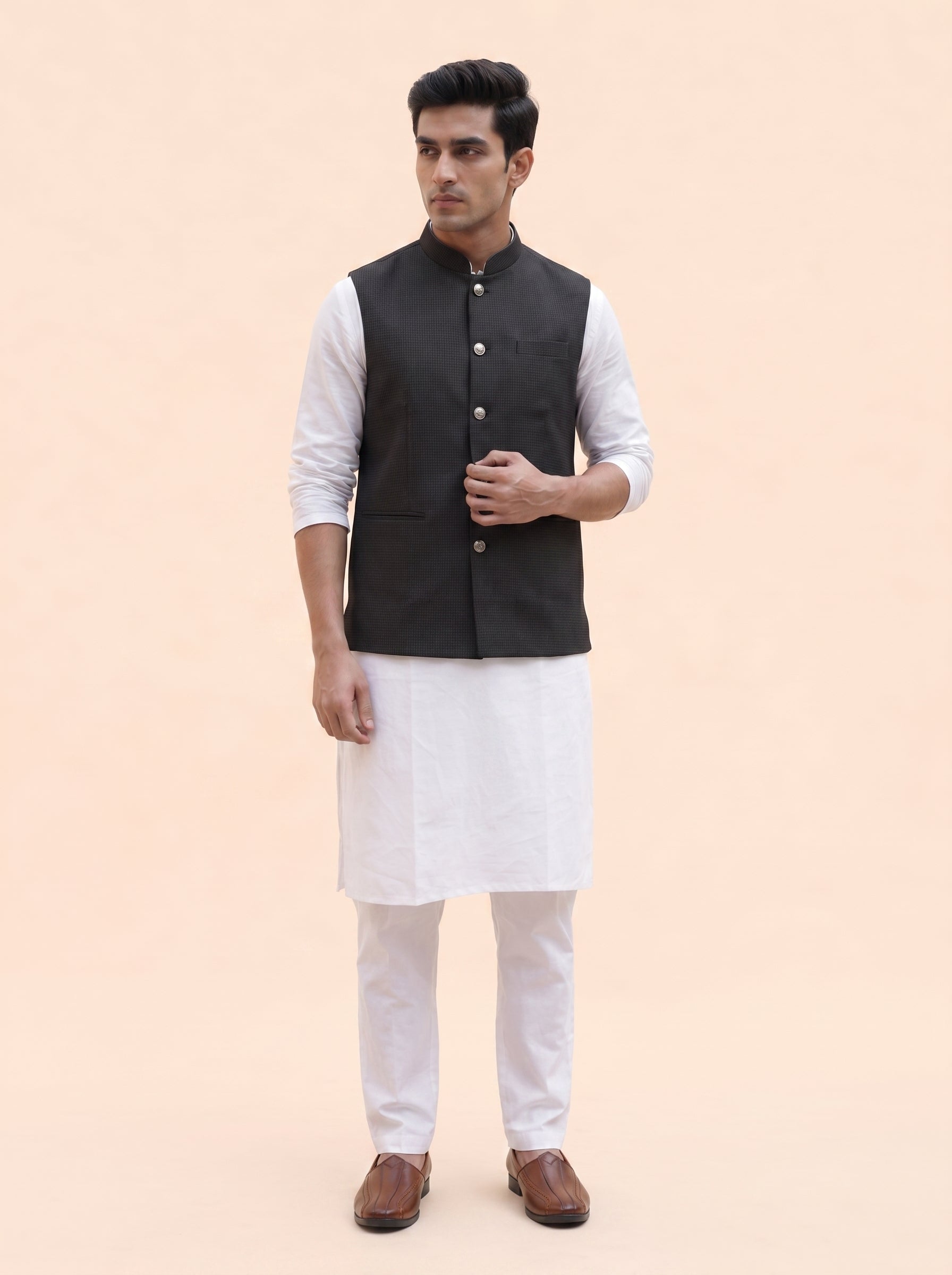 Aespen Classic Textured Slate Grey Lurex Cotton Nehru Jacket for Men - Aespenfashion.com