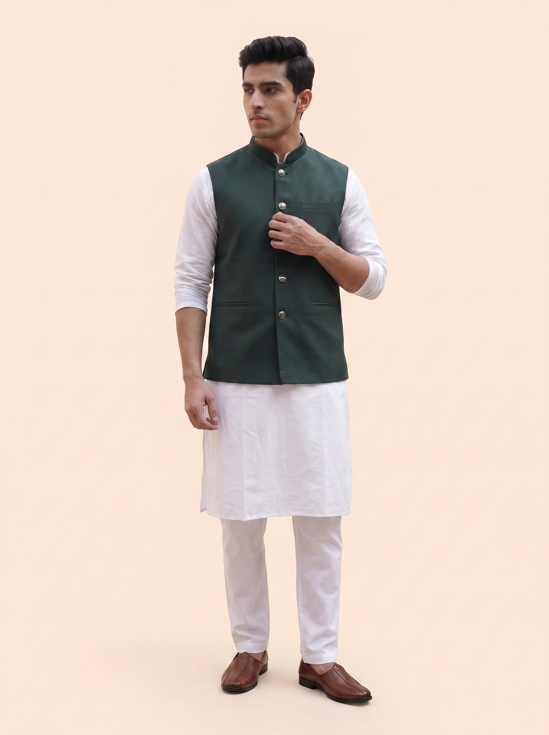 Aespen Elegant Emerald Green Lurex Cotton Nehru Jacket For Men - Aespenfashion.com