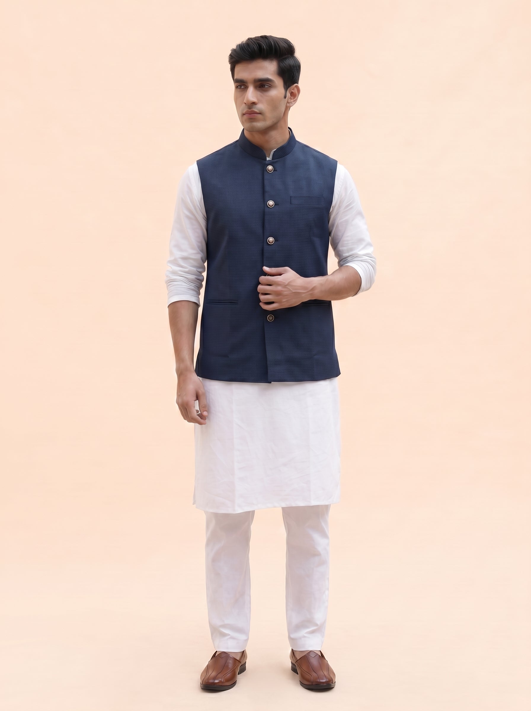 Aespen Premium Indigo Dobby Nehru Jacket For Men - Aespenfashion.com