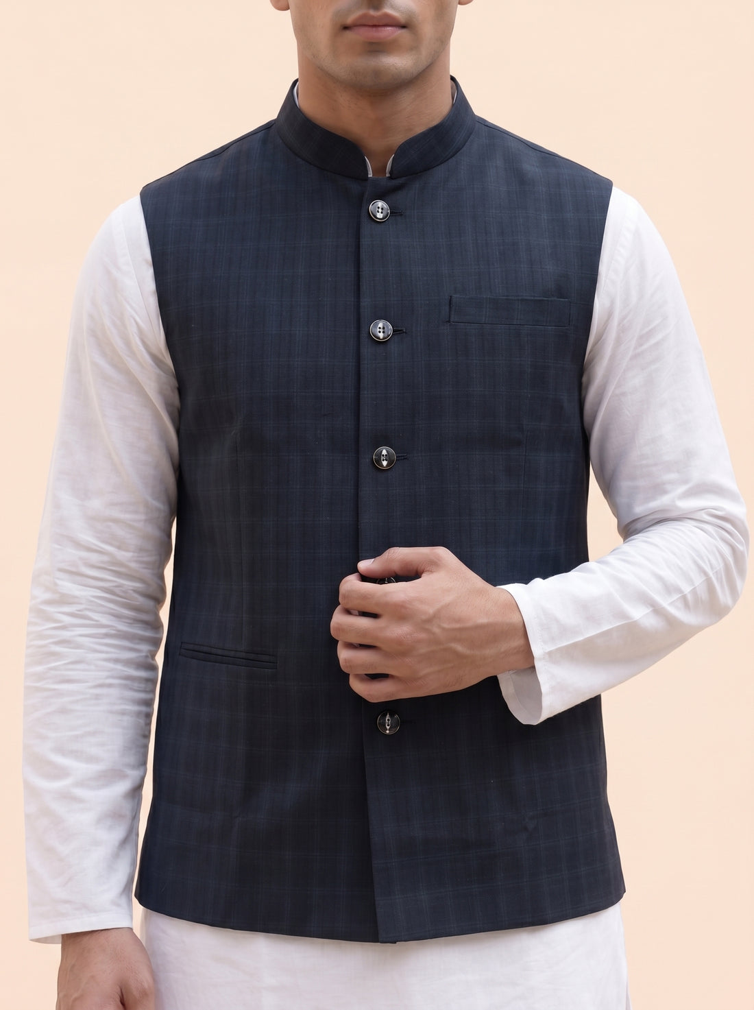 Aespen Classic Navy Blue Polysilk Nehru Jacket For Men - Aespenfashion.com